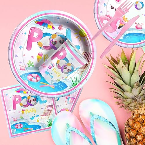 Miniatura 5 de Suministros para fiestas en la piscina, 141 piezas, decoración de mesa rosa para fiesta de piscina, platos de fiesta de piscina, servilletas