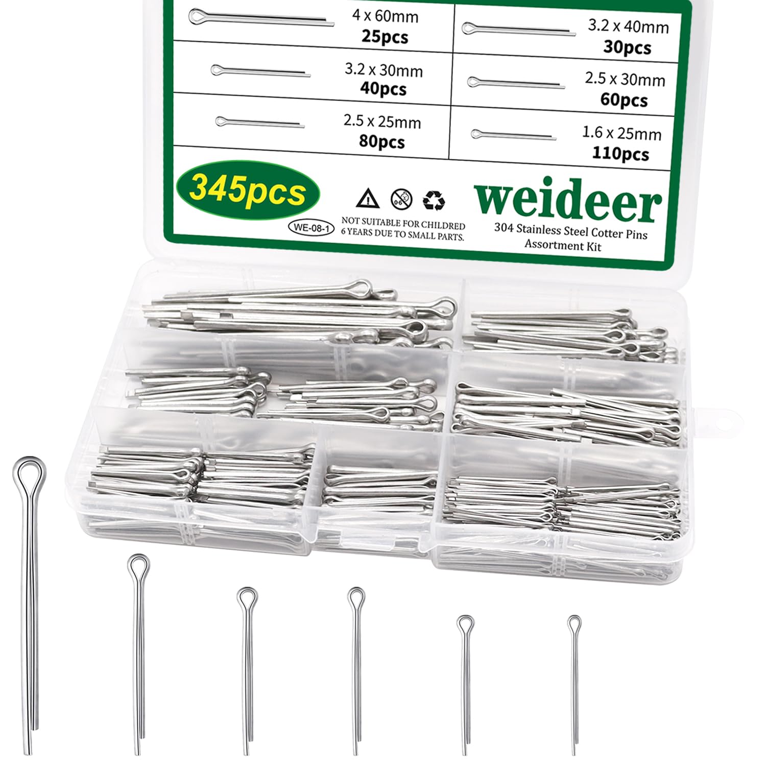 weideer 345pcs Cotter Pin Clip Key Fastener Fitting Assortment Kit