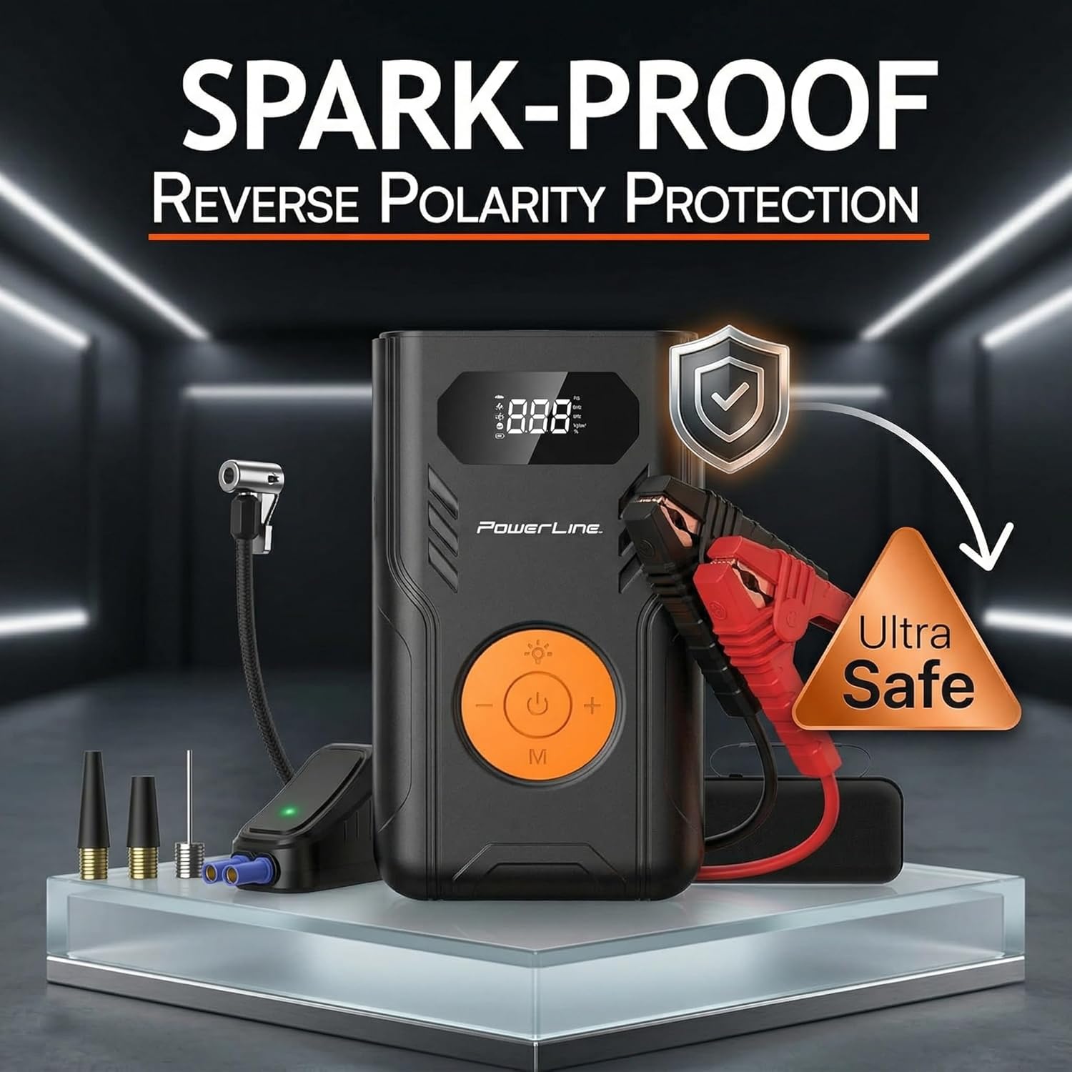 PowerLine Car Battery Jump Starter with Air Compressor - 4-in-1 Pump & Jump 1200A Car Battery Jumper with Tire Inflator, 3 USB Charging Ports & LED Light - Up to 5.2L Gas & 3.5L Diesel Trucks, 120 PSI