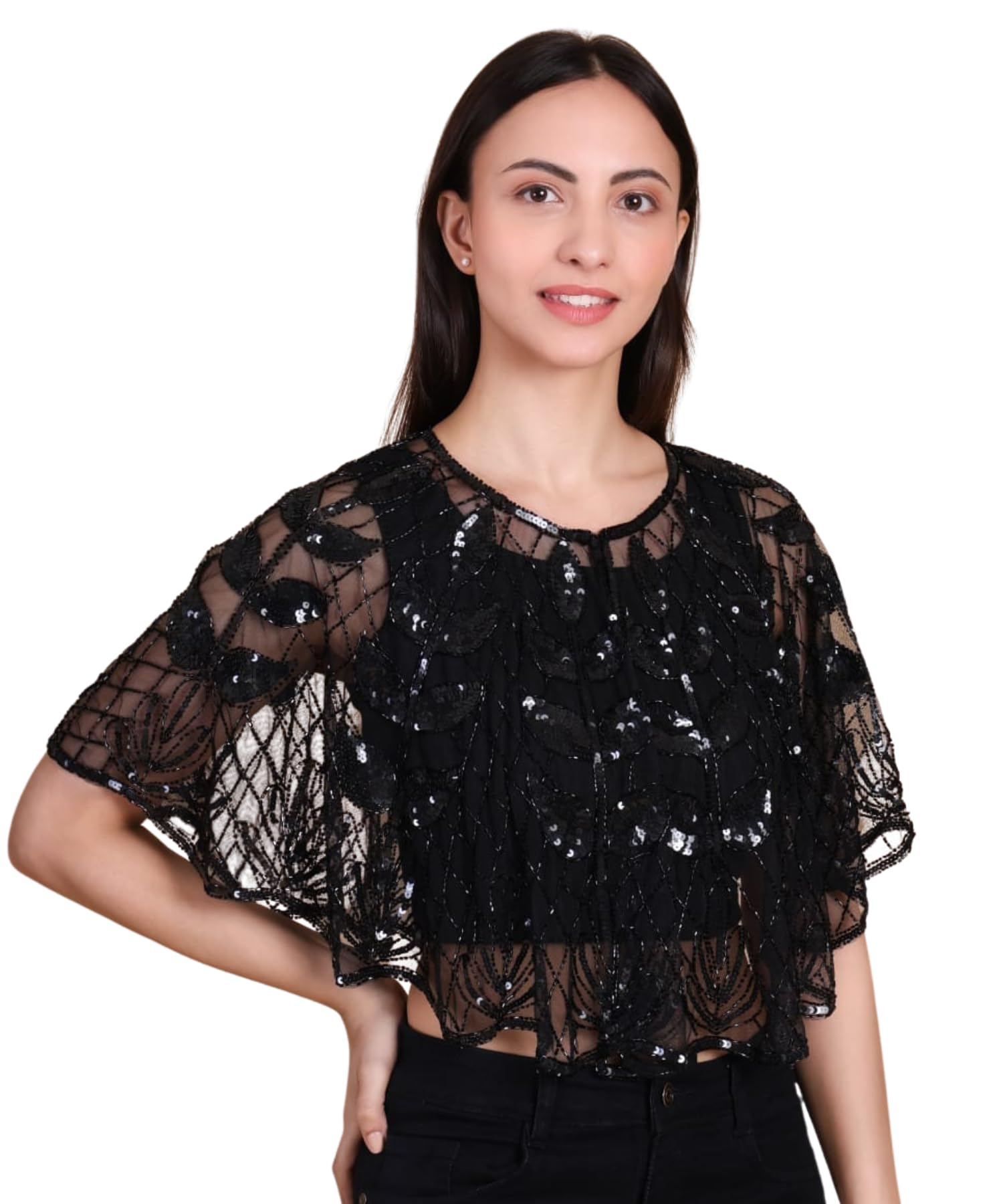 Womens Black Sequin Crop Top | Sheer Mesh Embroidered Blouse with Cape Sleeves | Stylish Evening & Clubwear Short Top for Girls-image-5