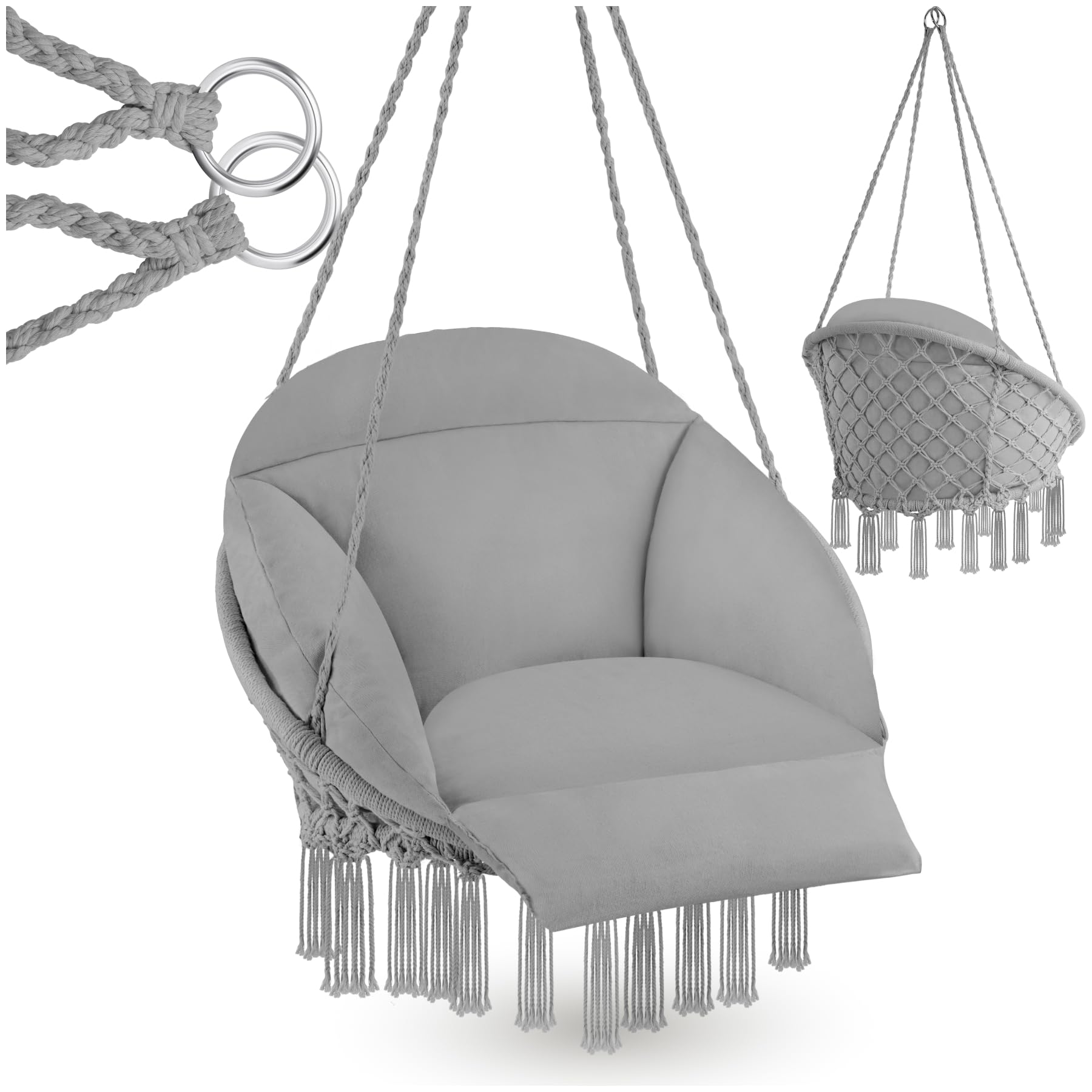 tectake® Cesta Colgante de Estilo Boho Ø 80 cm, Cojines Gruesos de 10-12 cm, Sillón Balancín con Robustas Borlas y 2 Anillas de Fijación, para Interior y Exterior, Cap. de Carga: 160 kg - Gris