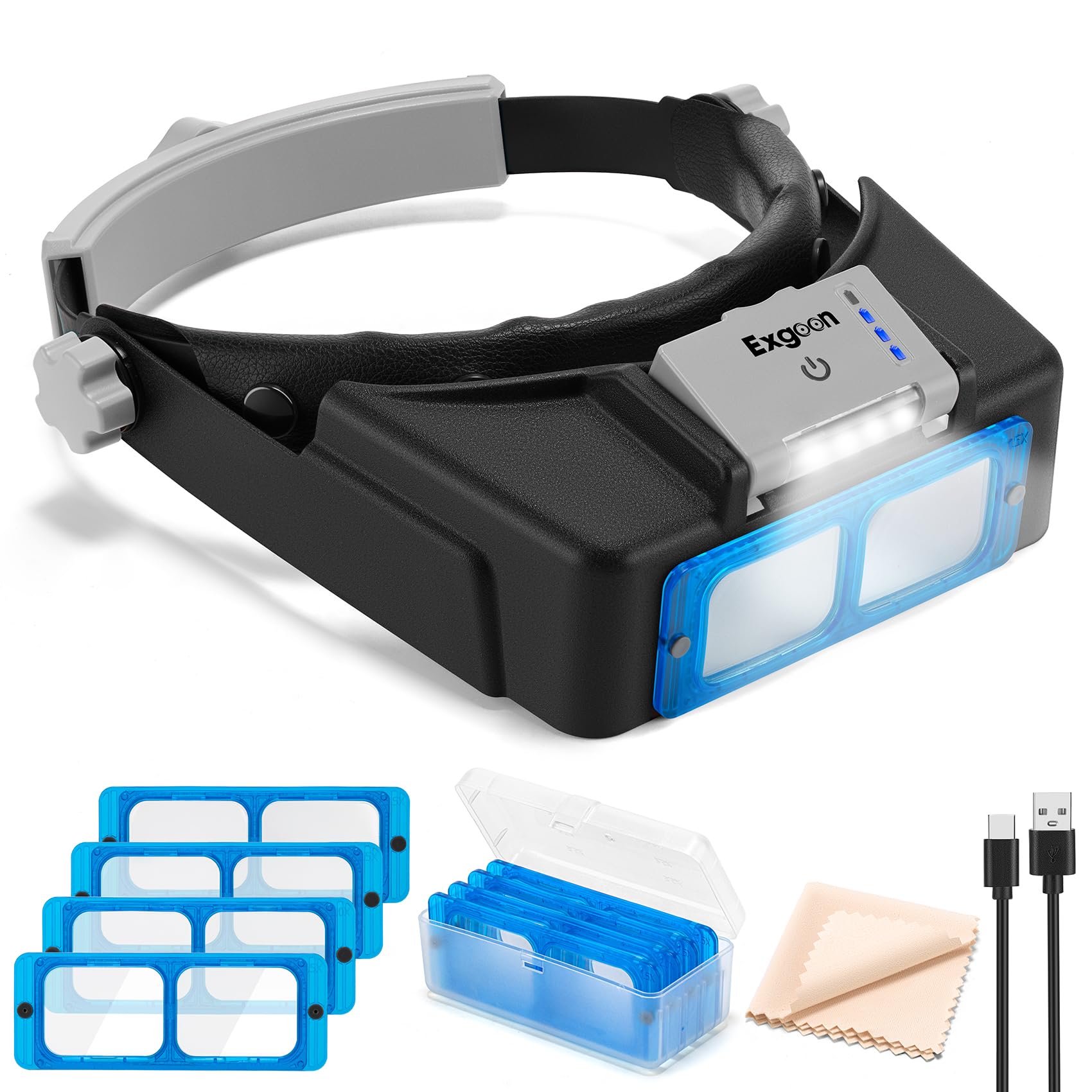 Lupa de diadema con luz, lupa recargable para pasatiempos, manualidades y trabajo cercano, manos libres con 4 lentes 1.5X-3.5X, ideal para hacer modelos de joyas, pintura de diamantes