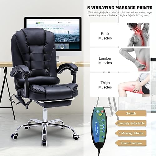 Miniatura 5 de Silla de oficina de masaje, silla ejecutiva ergonómica para computadora con reposapiés, silla de oficina ejecutiva de piel sintética con reposabrazo