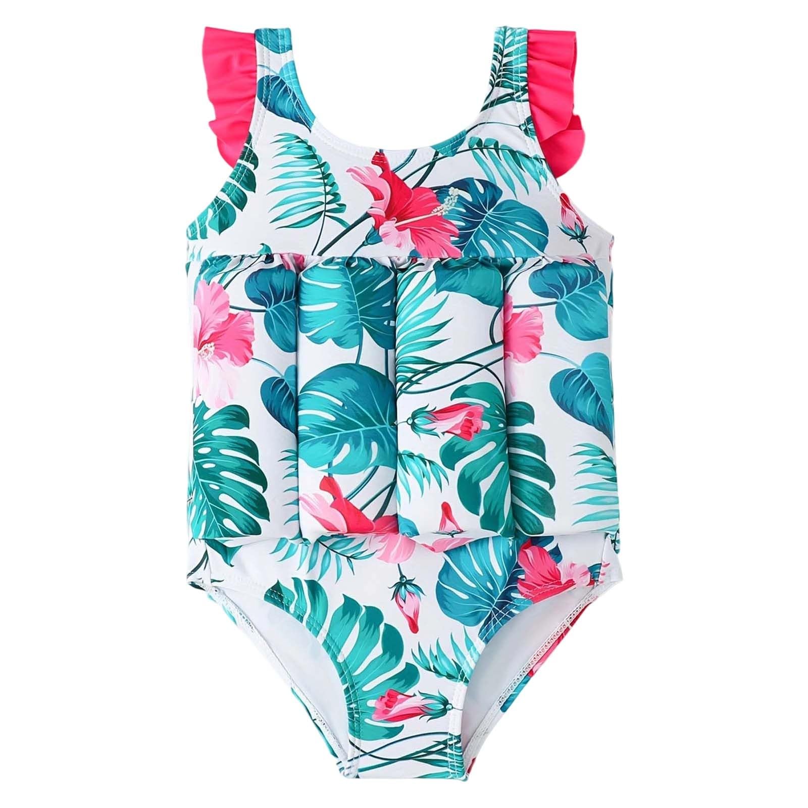 Générique Maillot de Bain Flottant Enfant Fille Imprimé à Manches Courtes Costume de Bain Piscine Plage Maillot Flottante Bouée Intégré avec des Bâtons de Flottabilité pour Natation Débutant Training