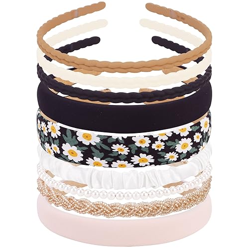 Miniatura 8 de TOBATOBA Juego de 9 diademas de moda para mujeres y niñas, diademas antideslizantes para cabello de mujer, diademas de perlas de flores, colores