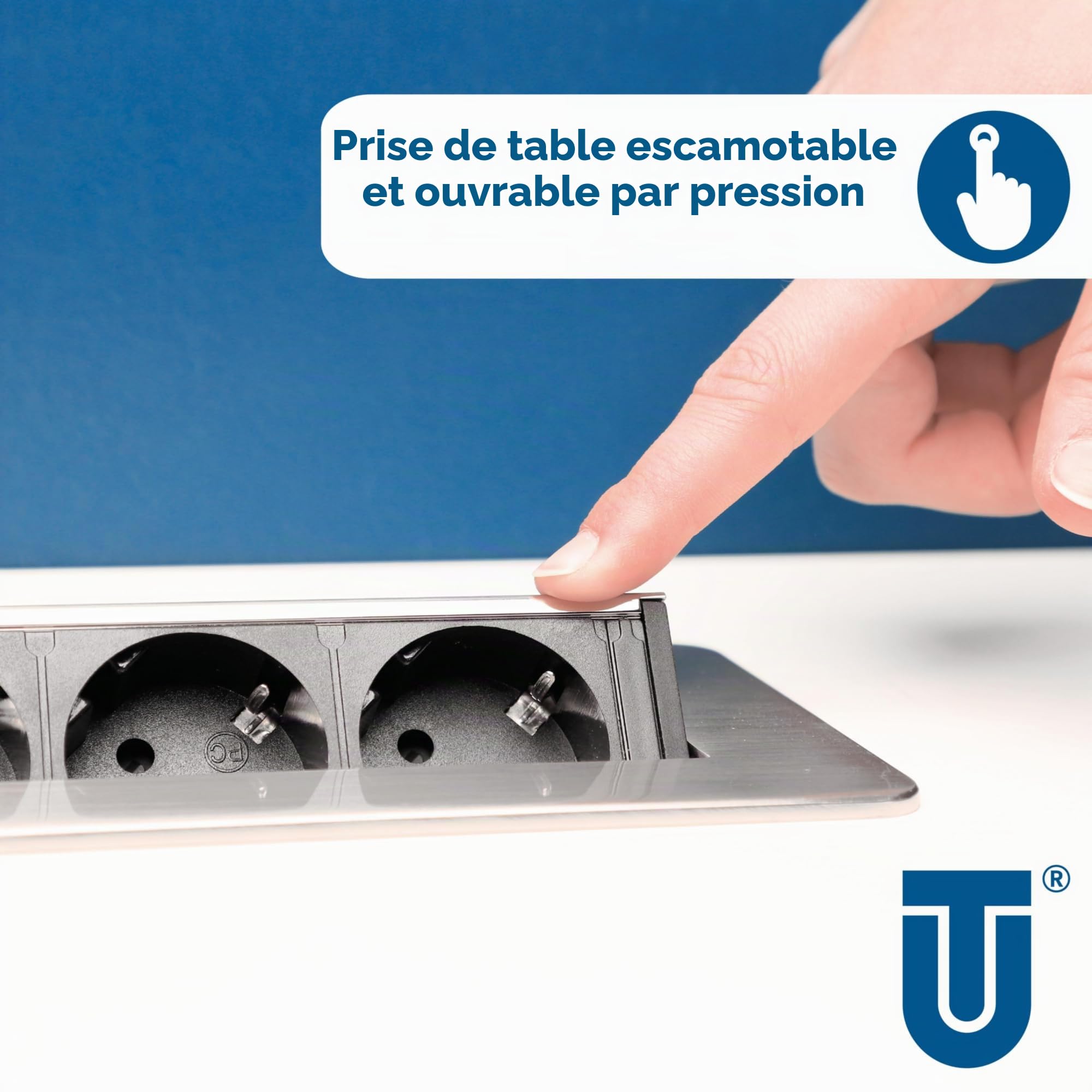 Unitec Multiprise escamotable horizontale | 2 prises de charge USB | 3 prises | rabats de fixation inclus | câble de raccordement et prise d'alimentation