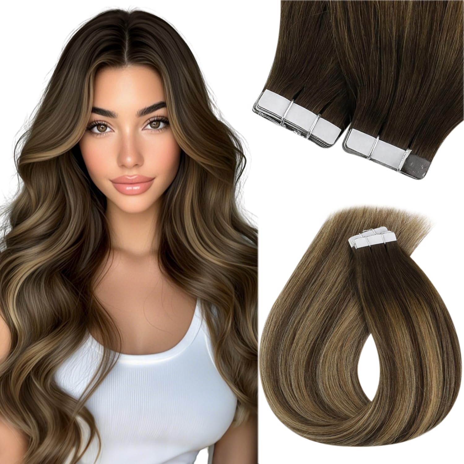 Sunny Hair Tape in Hair Extensions Real Human Hair Invisible Remy Hair Extensions Tape ins for Women Dark Brown Root to Caramel Blonde Balayage 24 inch 20Pcs 50G