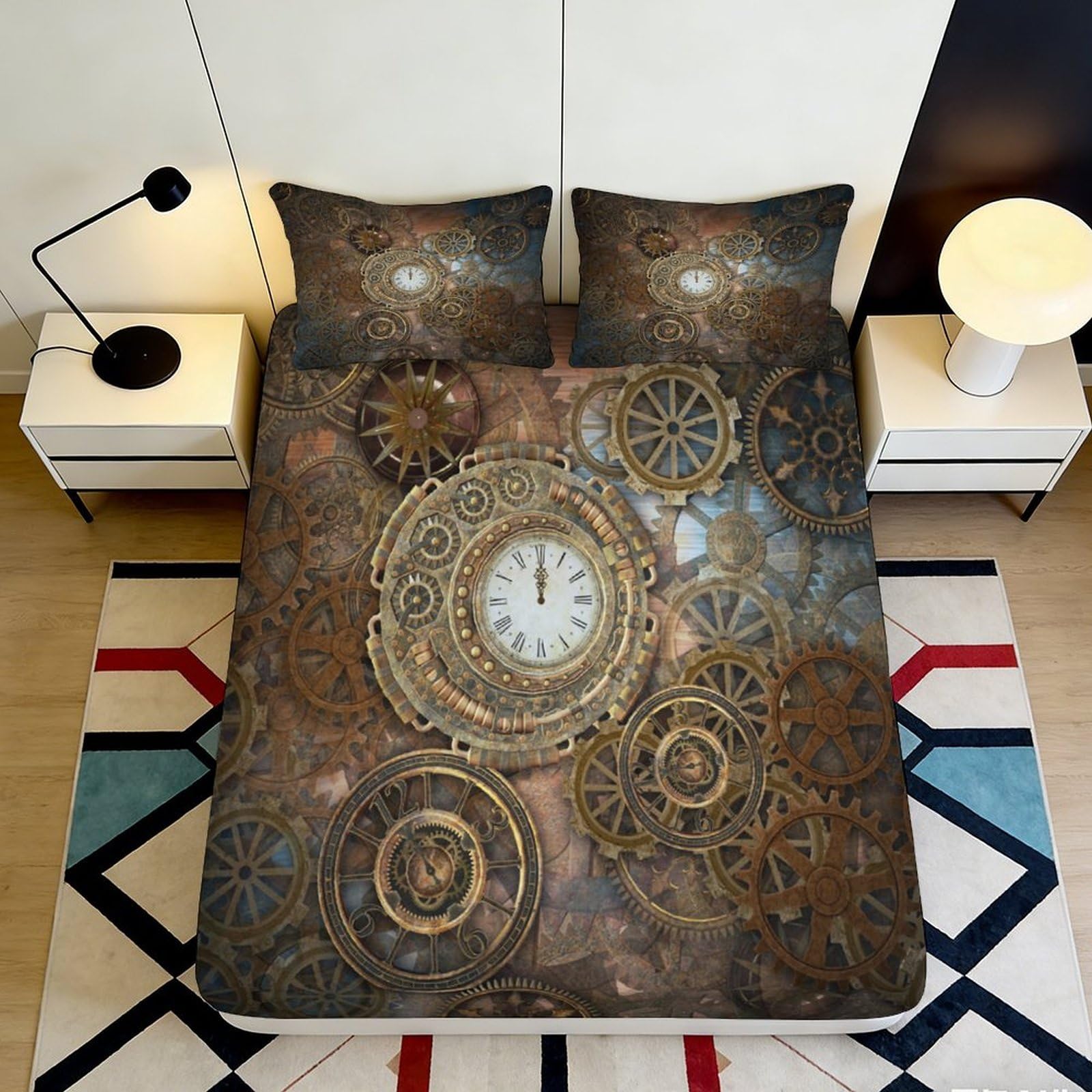 3D Printed Steampunk Clockwork Fitted Sheet Microfiber Soft Breathable Gear Pattern Mattress Cover for Bedroom Dorm Decor 120x200x25cm