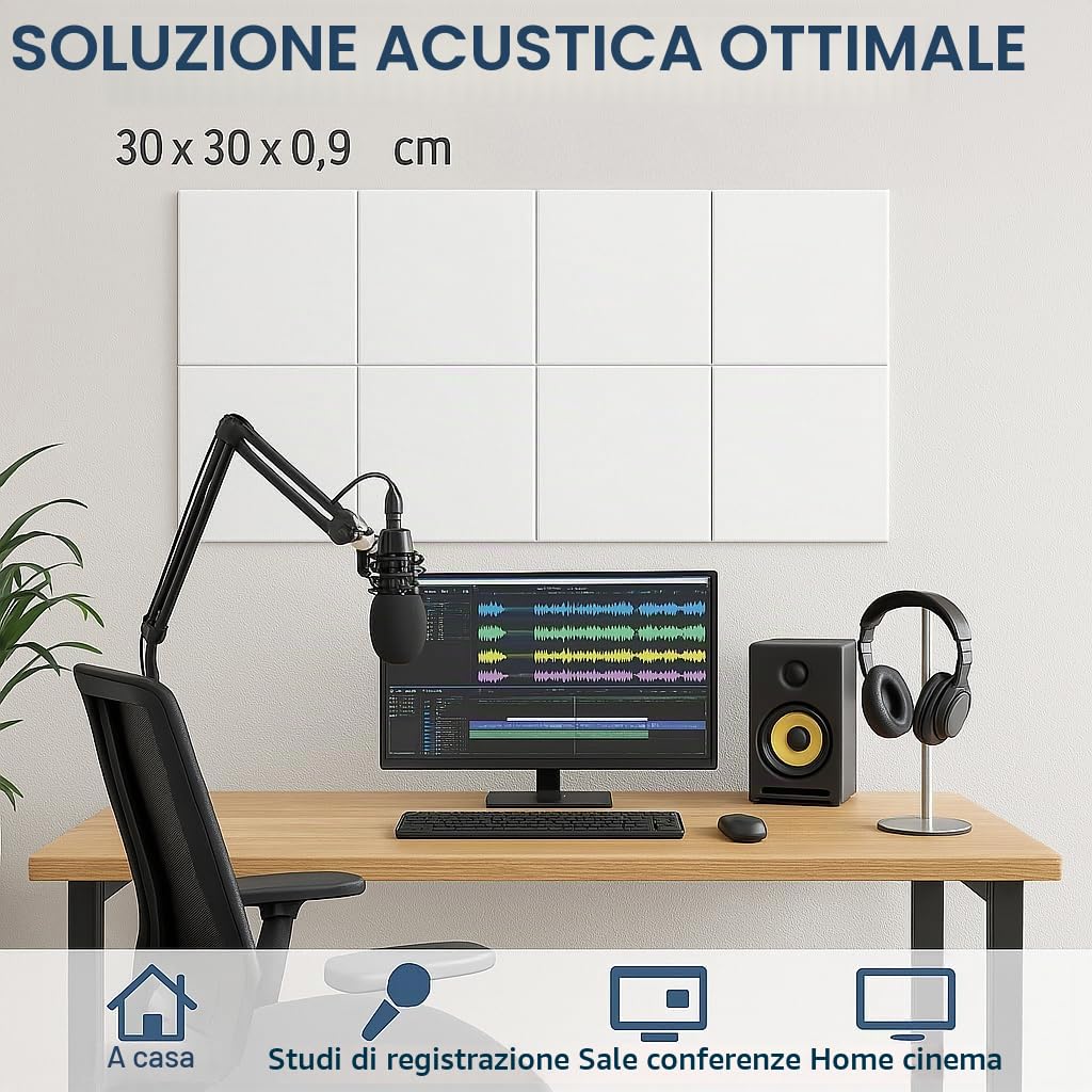 MatoSan 30 Pannelli Acustici Autoadesivi – Isolamento Acustico Alta Densità NRC 0,95 – Per Pareti, Soffitti, Studio di Registrazione