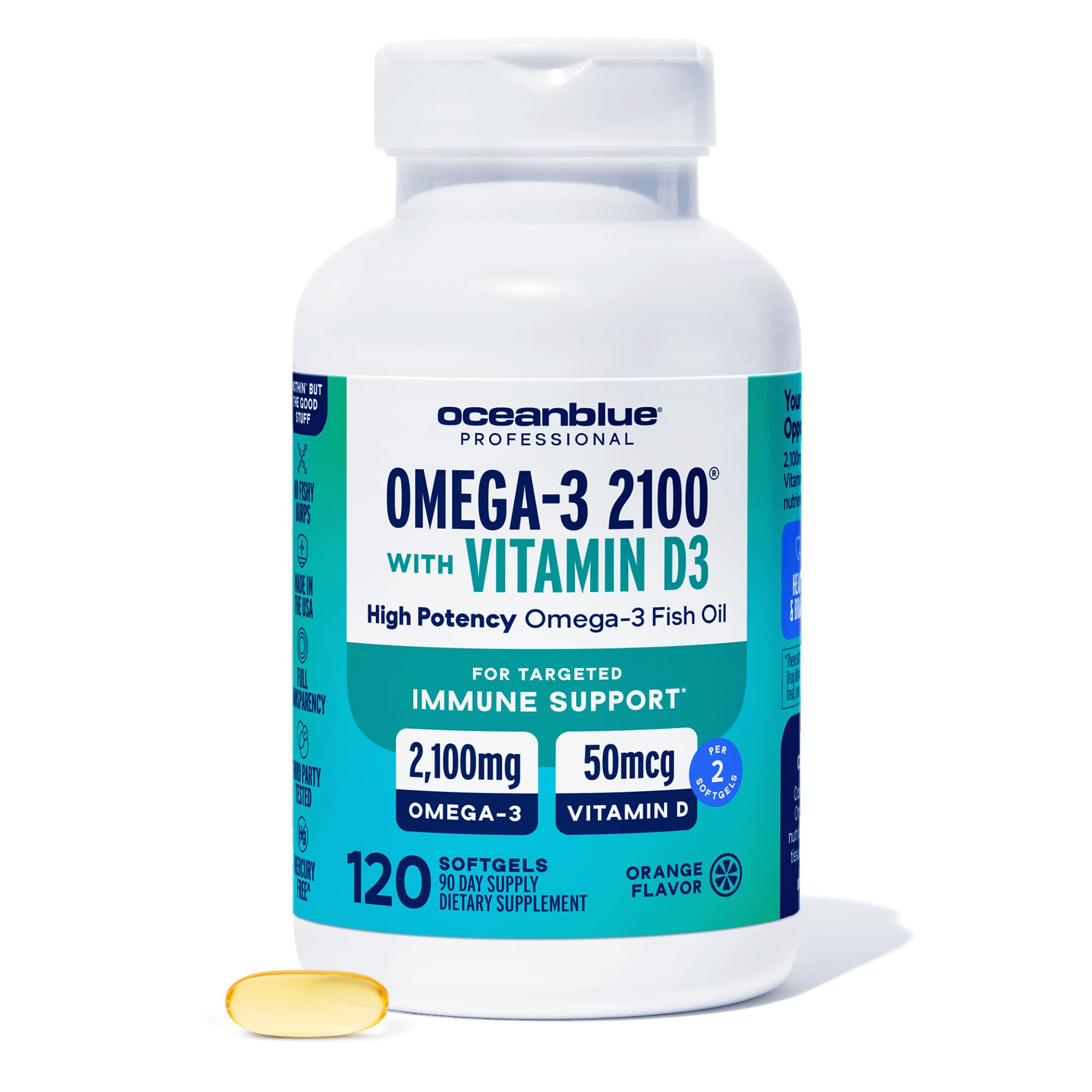 Oceanblue Professional Omega-3 2100 with Vitamin D3 – 120 ct – Triple Strength Burpless Fish Oil Supplement with High-Potency EPA, DHA, DPA and Vitamin D3 – Wild-Caught – Orange Flavor (60 Servings)