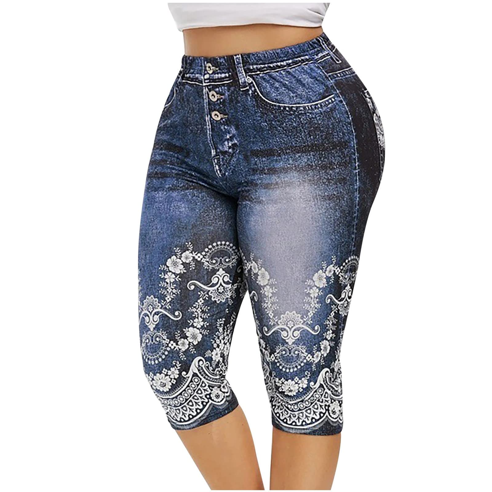 ZDRZKDenim High Waisted Bermuda Shorts for Women Plus Size Summer Capri Pants Floral Print Jean Shorts