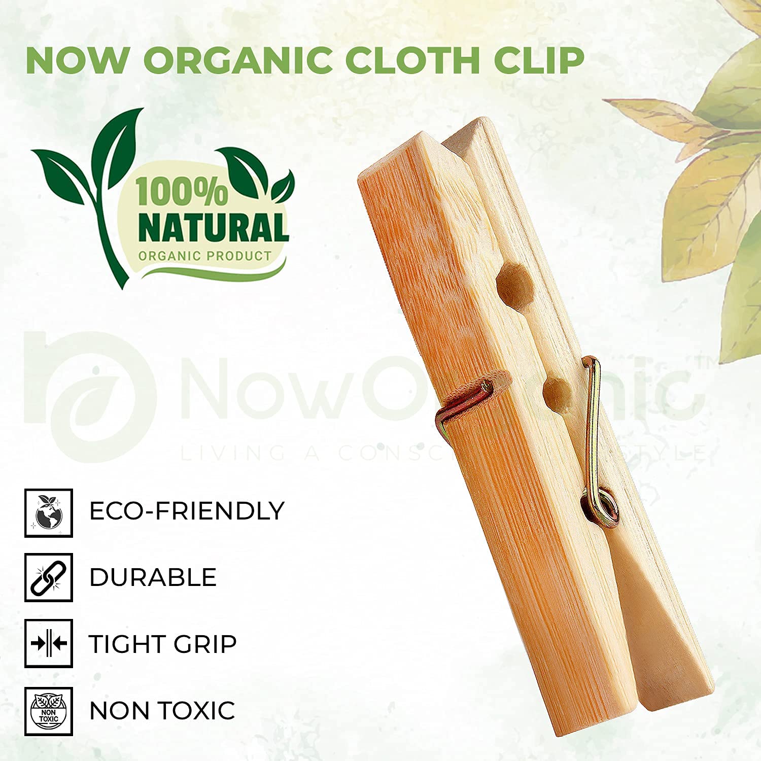 Now Organic Premium Bamboo/Wooden Cloth Clips/pegs Suitable for Light Garments and Photo Hanging.Free Reusable Muslin potli Single Pack of (1) (50) Small Size 1