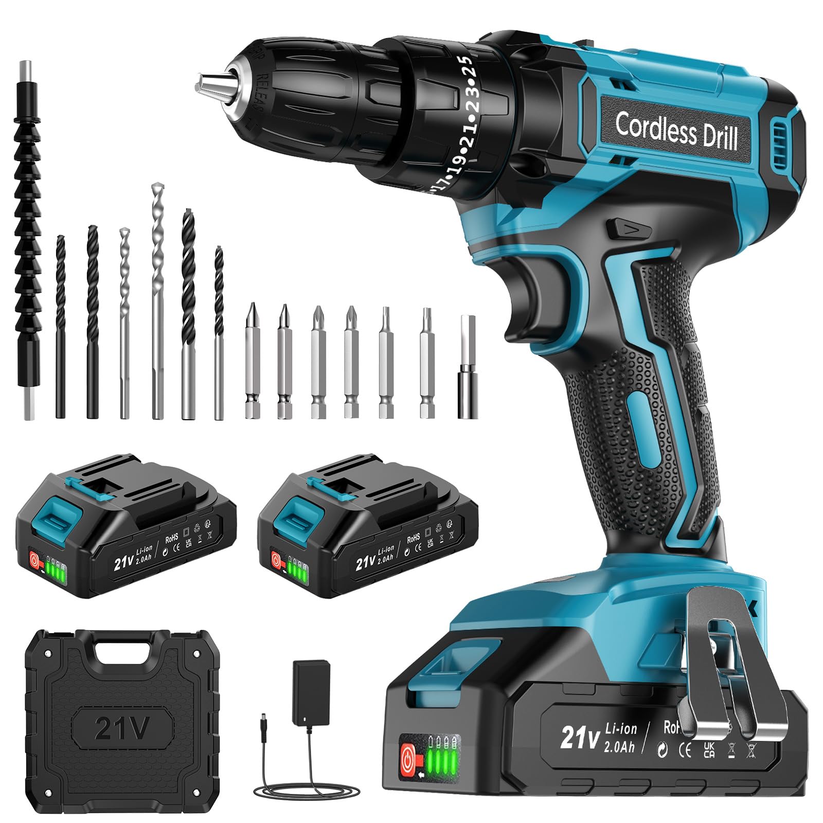 Cordless Drill Set 21V, Cordless Hammer Drill with 2 Batteries 2000mAh, 25+3 Torque, 42N.m Max Electric Drill, 2 Speed, LED Light,14PCS Drill Bits for Home and Garden DIY Project