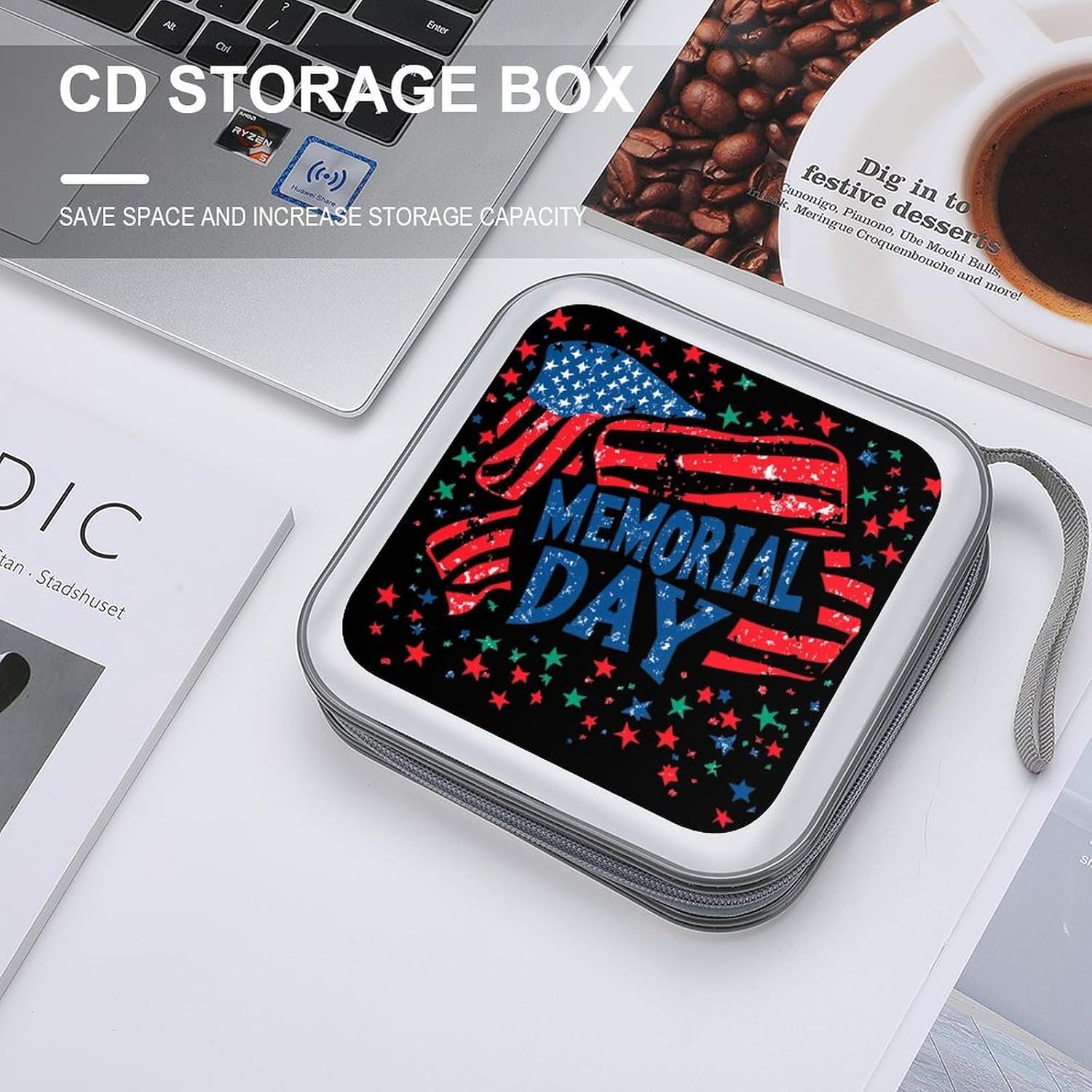 Memorial Day with U.S.A Flag CD Case DVD Storage Holder Binder 40 Capacity | protective,hard case,protable loop,travel car use,zippered closure