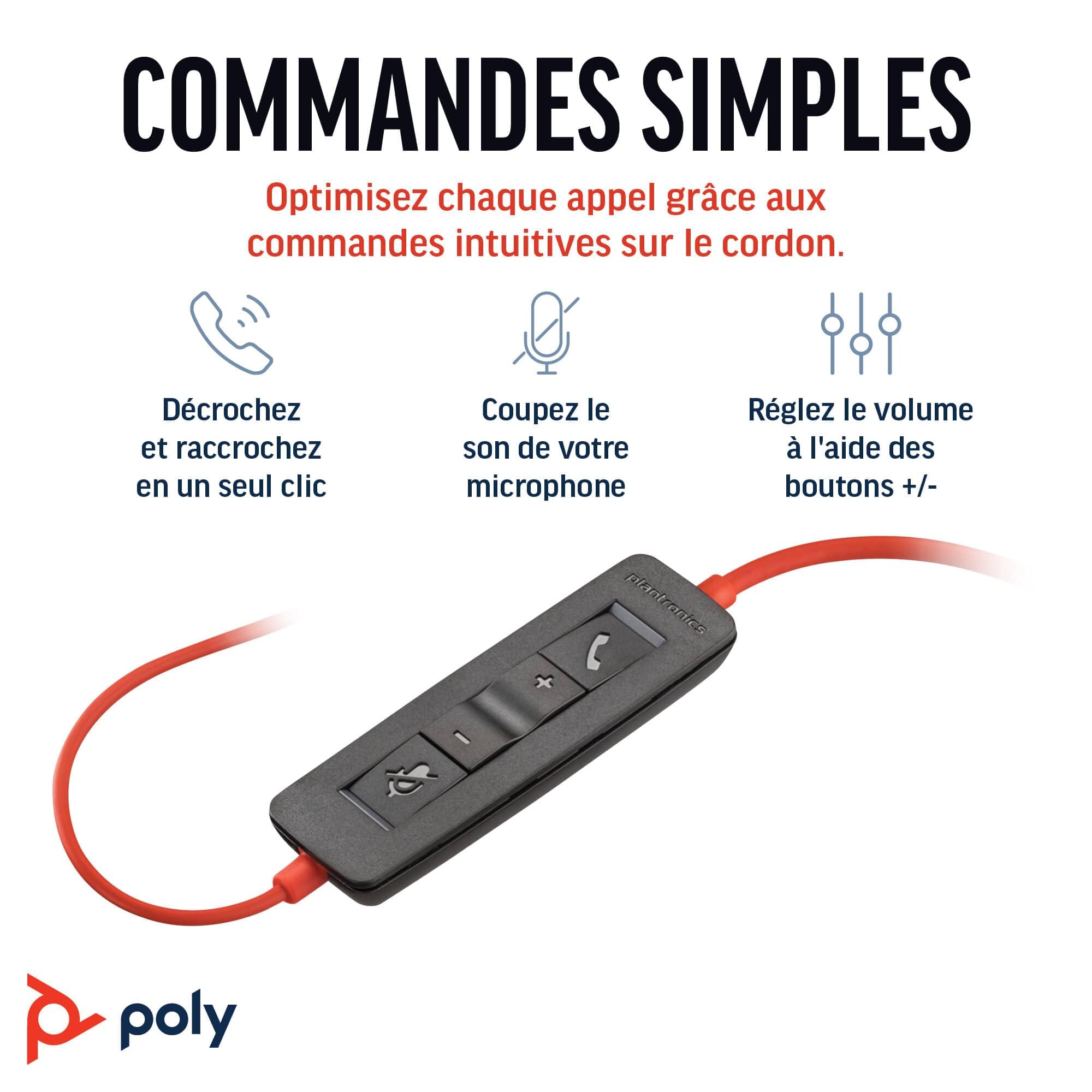 Micro-casque filaire Poly Blackwire 3210 – Microphone antibruit – Conception monaurale – Connexion à un PC/Mac via USB-C ou USB-A – Fonctionne avec Teams, Zoom