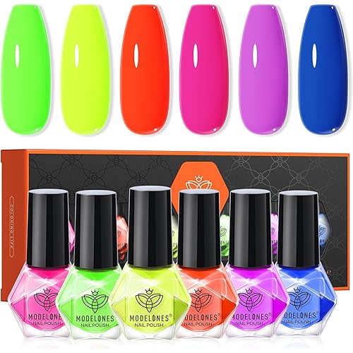 modelones Nail Polish, 6 Colors Summer Neon Blue Green Purple Rose Orange Yellow Quick Dry Mini Starter Kit, Long Lasting Art DIY Manicure Set at Home for Women Girls
