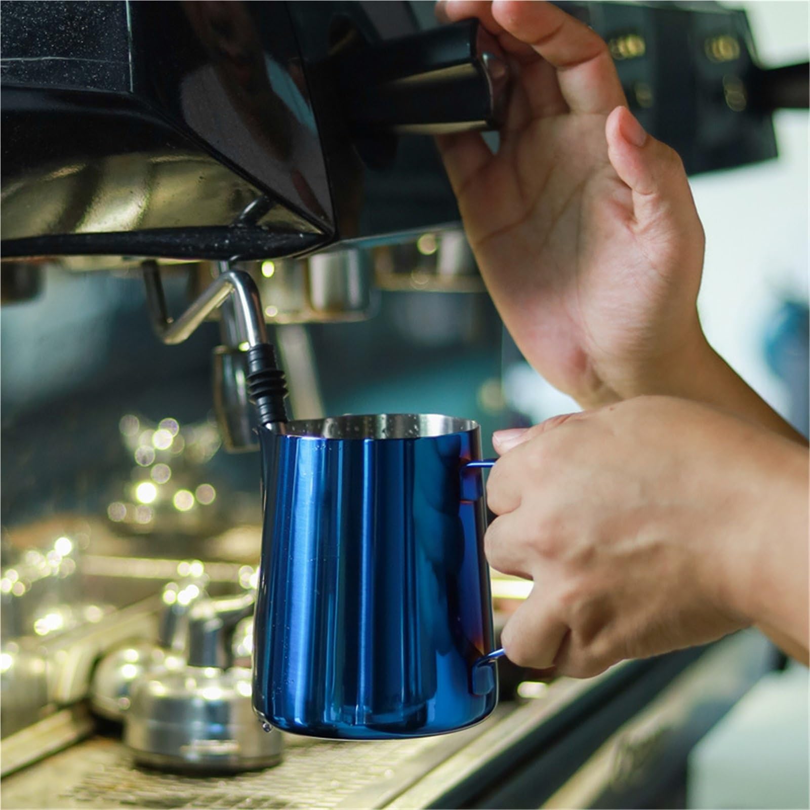 Jarra de espuma leche acero inoxidable, tarro y café, lata, accesorios for con, 2 uds Para Espumar(350ML Blue)