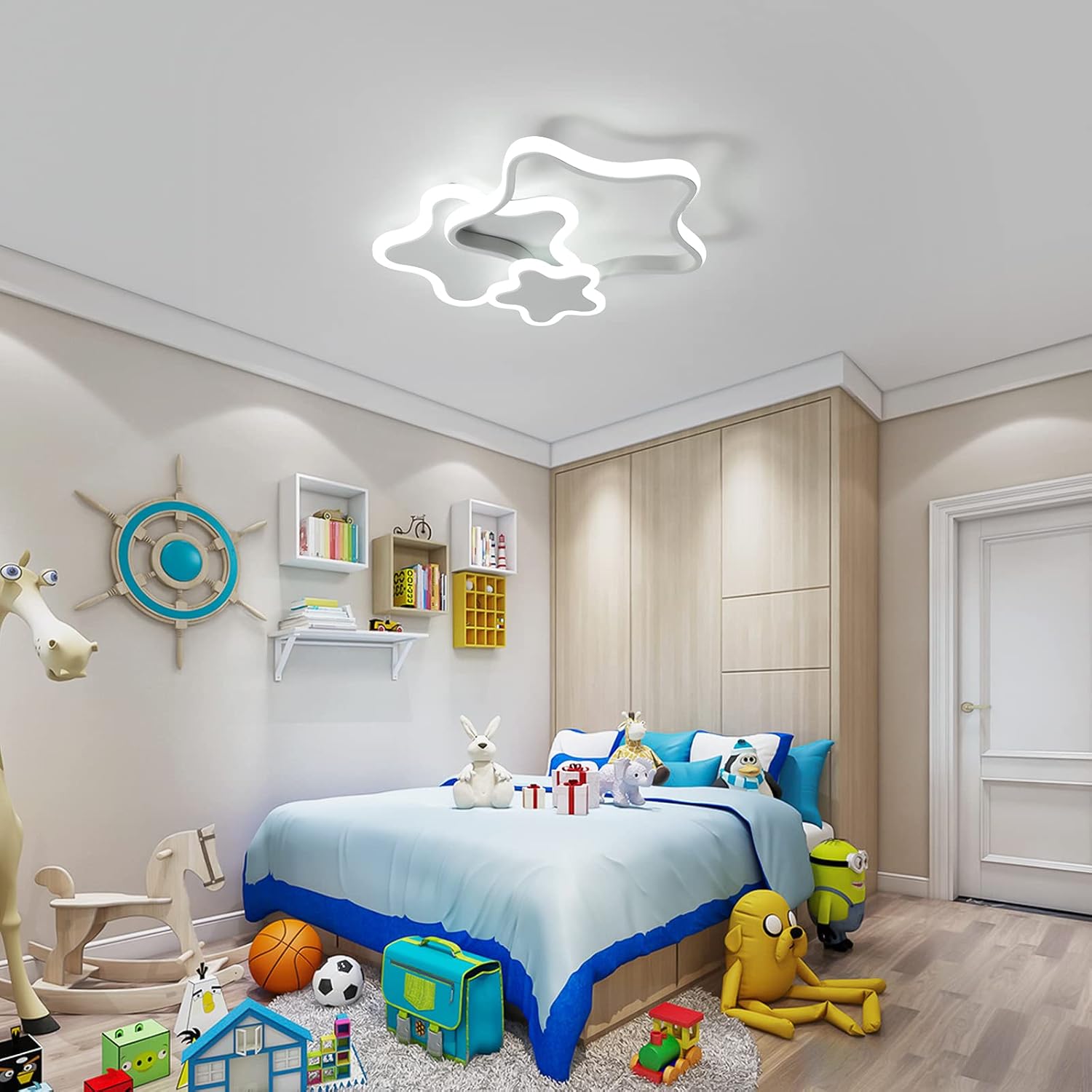 Tioolo Dimmable LED Ceiling Light, Creative Cartoon Star Ceiling Lamp, Acrylic LED Chandelier with Remote, Modern Flush Mount Chandelier Lighting Fixture for Boys Girls Bedroom Living Room, 32W/White