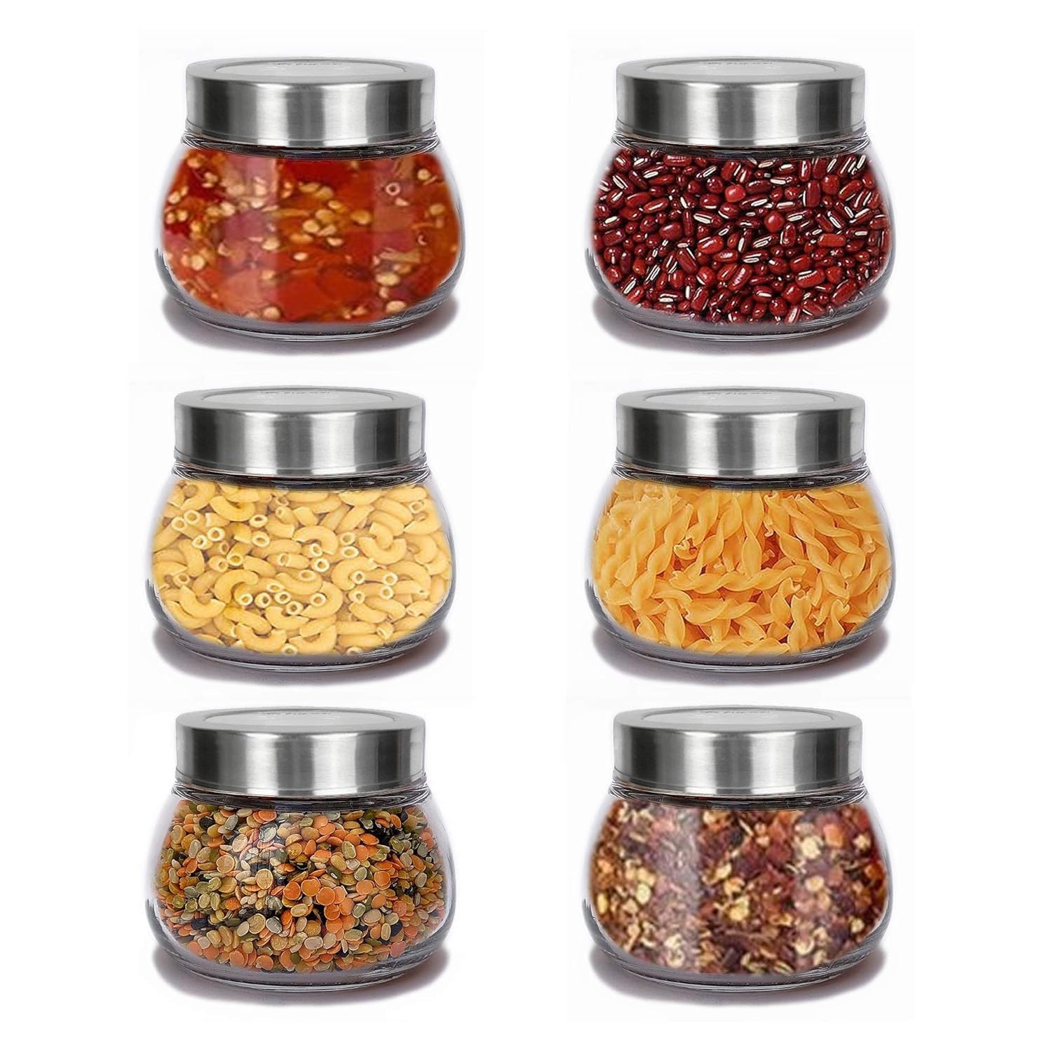 Crystal Mart Oval Shape 300ml Spice Glass Jars with Rustproof Steel See through Airtight Lid, Suitable to use in your Home Office, kitchen storage/Glass jars for kitchen, (300ml)(set of 8)