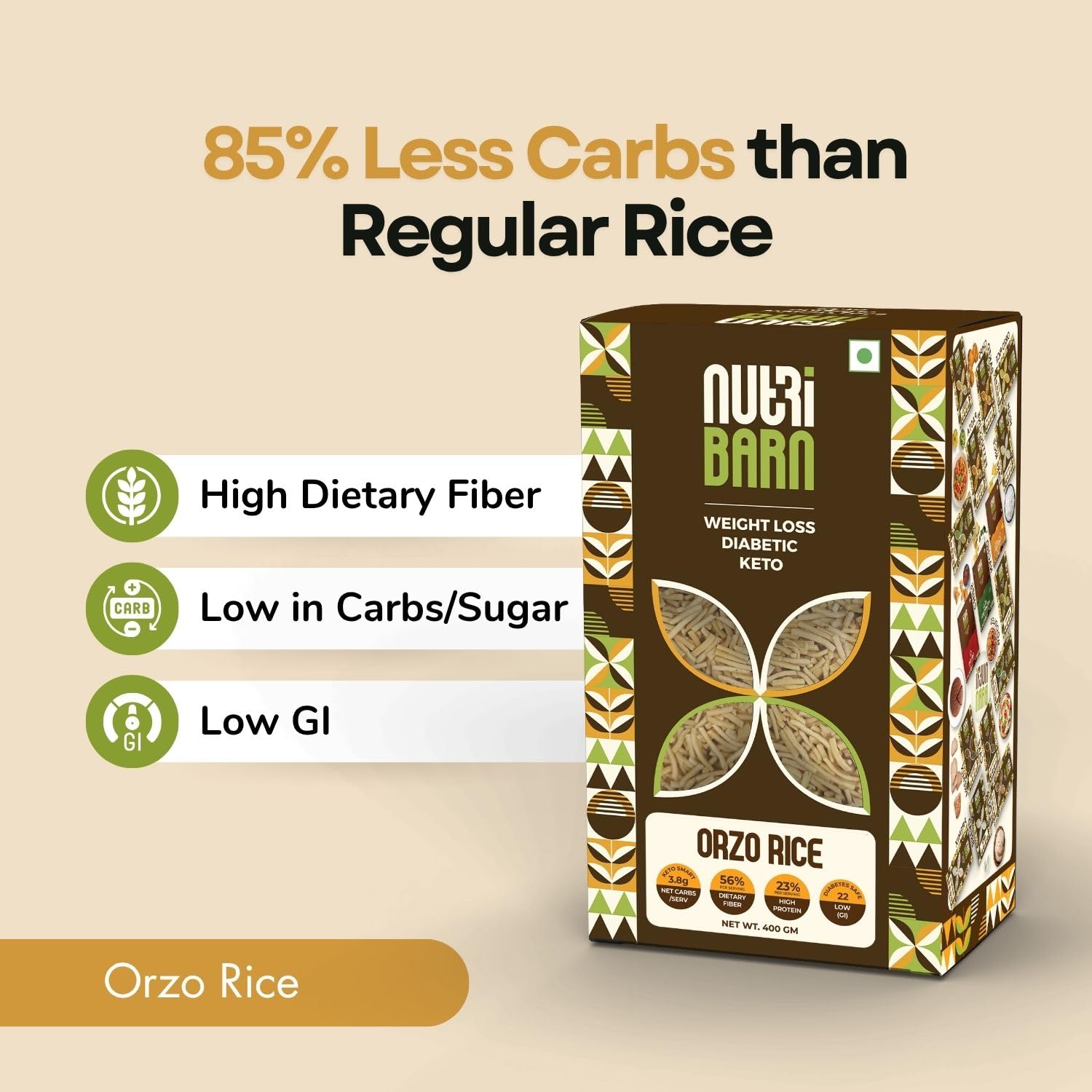 Nutribarn High Protein Low Carb Orzo Rice 1 Kg | 23% Protein | 3.8g Net Carbs | Lab Tested Low GI 22 | Diabetic Friendly, Weight Management Fillini Rice | 500g (Pack of 2) 1