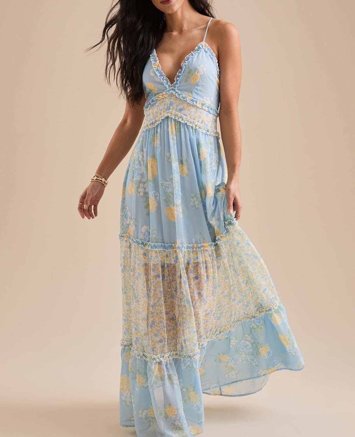 Women Spaghetti Strap Patchwork Maxi Dress Floral Smocked Lace Trim Long Dress Summer Boho Flowy Ruffle Sundress