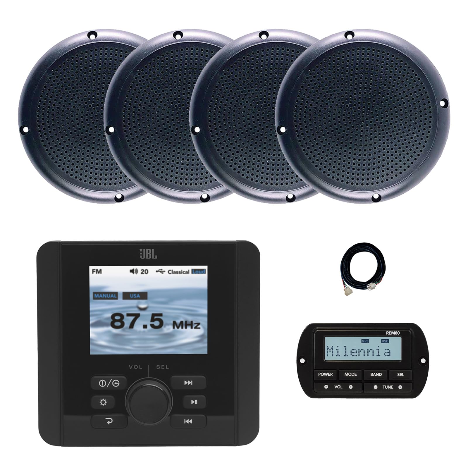 JBL JAM5000N Marine Gauge Hole Mount USB Bluetooth AM/FM/WeatherBand Radio Receiver with Wired Remote, Extension Cable, 4x 5.25