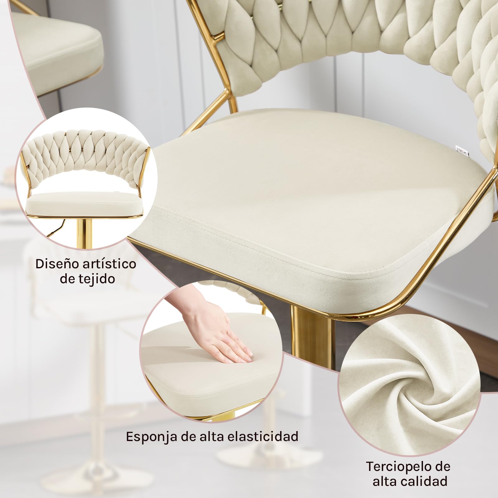 WOLTU Taburetes Altos de Cocina Set 2 Giratorio, Terciopelo, Crema | con Respaldo y Reposapiés, Base de Metal, para Comedor, Salón y Cafetería
