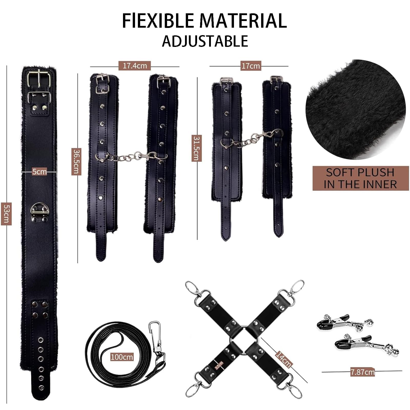 Kit de Bondage BDSM de Cuero Premium, 11 Piezas - Set de Ataduras Ajustables para Parejas, Esposas Suaves,Sistema de Sujeción para Cama con Cierre de Seguridad,Accesorios Fetiche para Adultos (Negro)