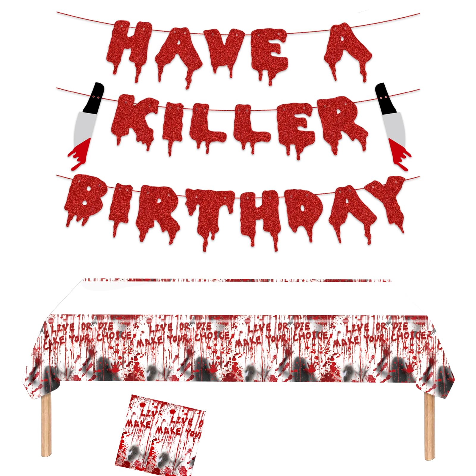 "Have A Killer Birthday" Halloween Party Banner & Tablecloth Set - Horror Movie Theme Decor With Zombie Hands, Black & Red - View #4