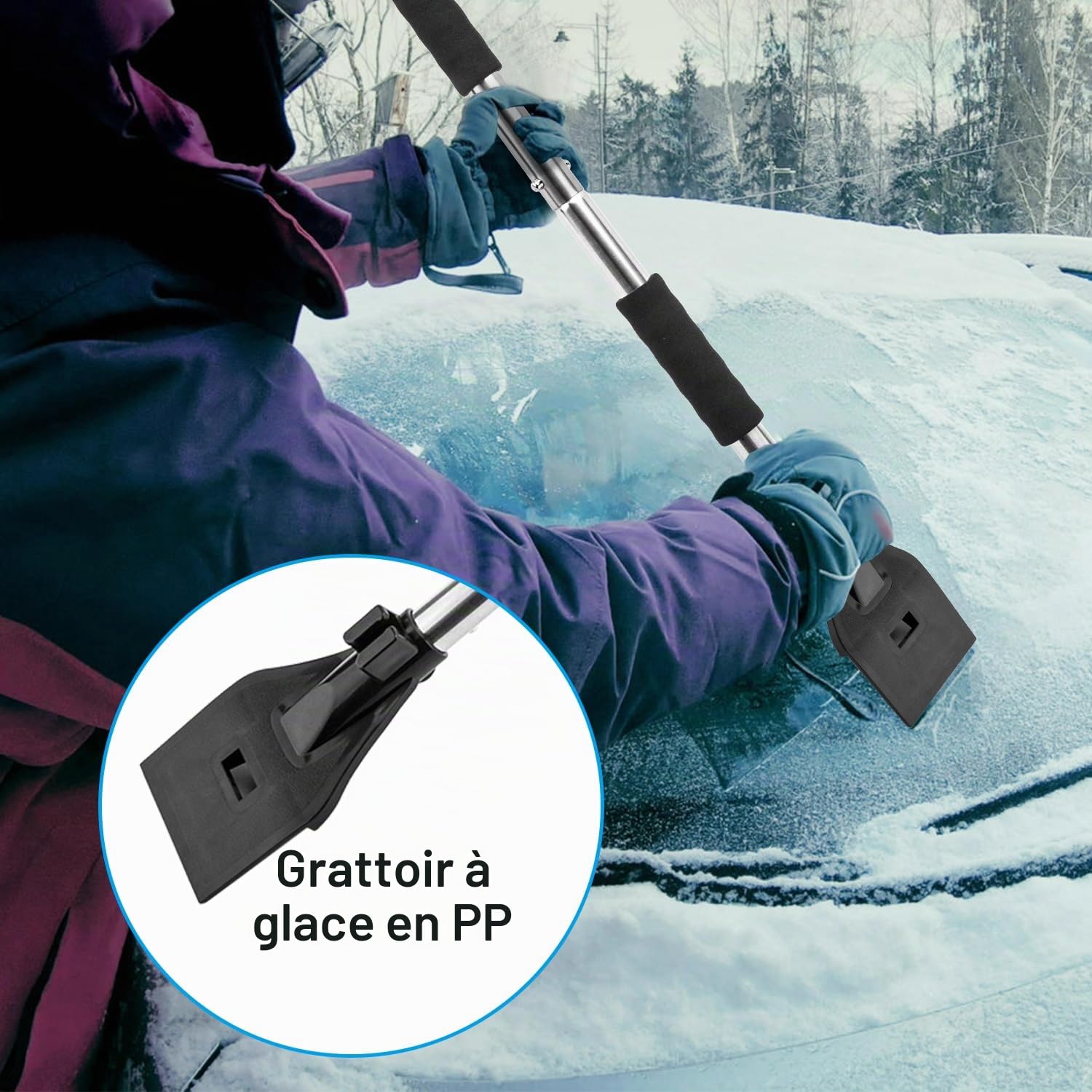 LESOLEIL Kit de Pelle à Neige 3 en 1 Portable Pelle à Neige avec grattoir à Glace et Brosse à Neige, Poignée en Acier Inoxydable (Noir)