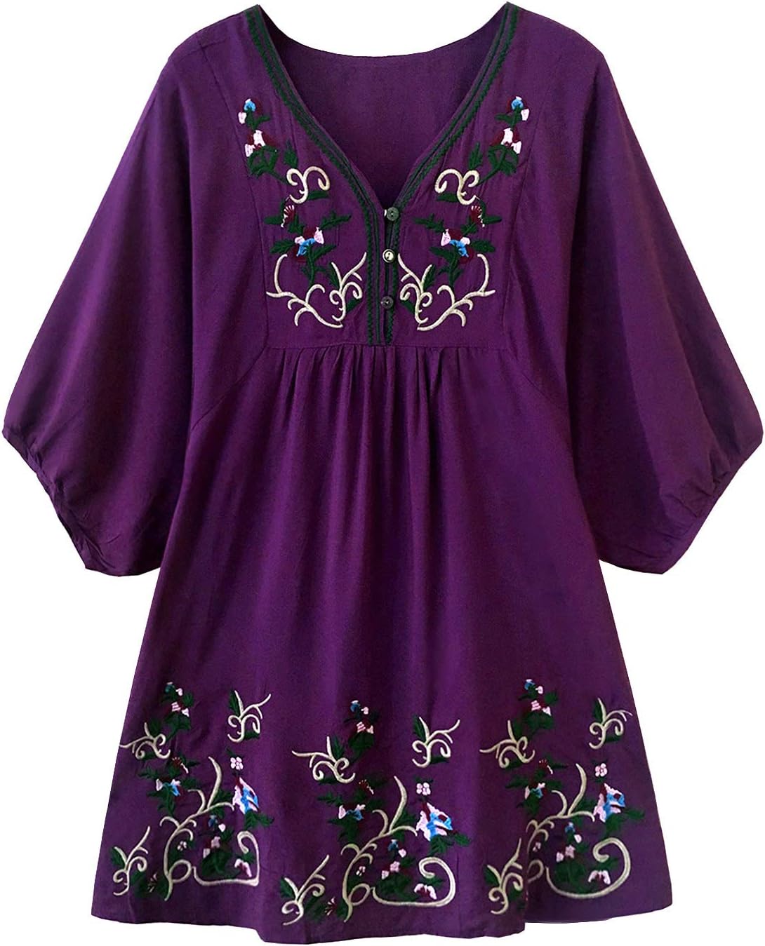 Women's Floral Embriodery Mexican Tunic Shift Bohemian Mini Blouse Dress (M, Flower Purple)