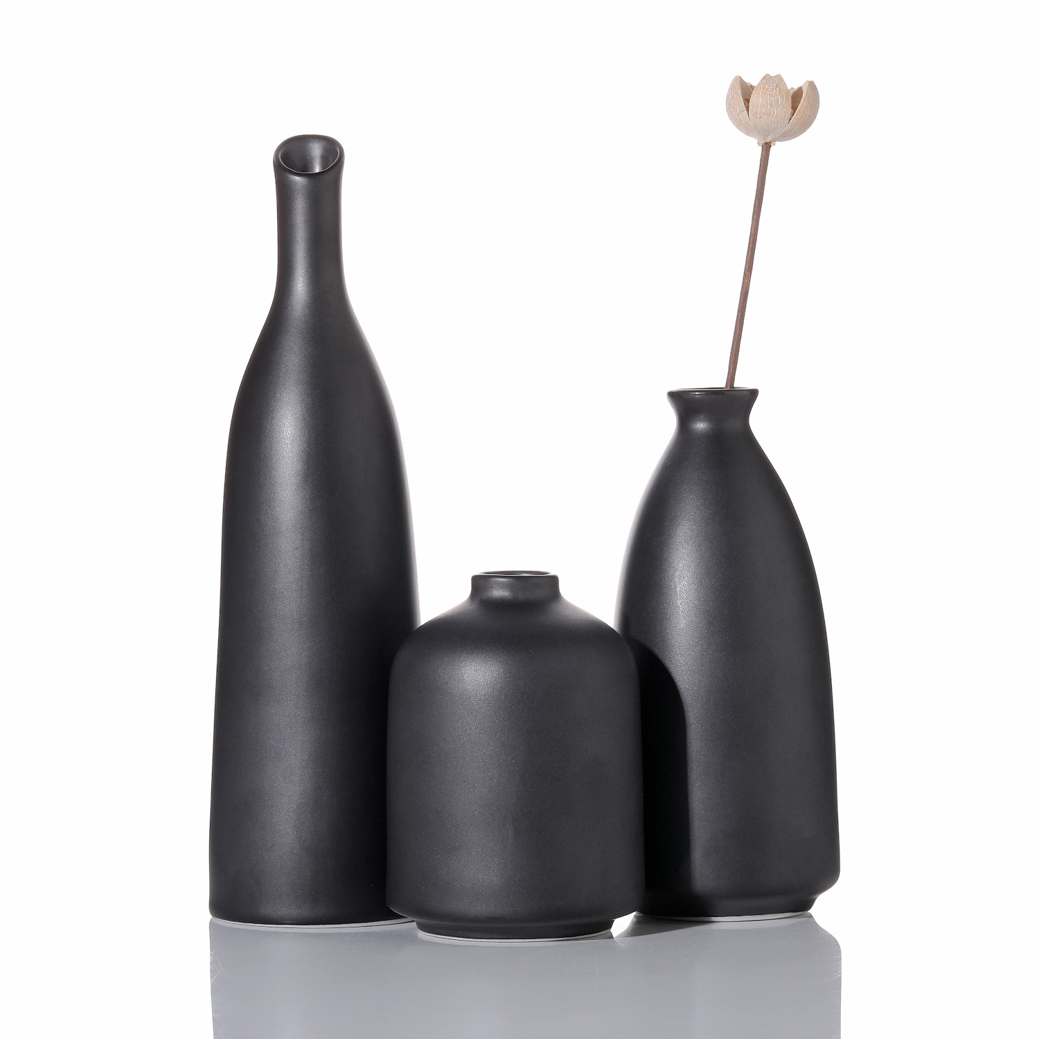 Regalo Elegante Minimalista Juego De 3 Jarrones Negros De Cerámica – Decoración Bohemia, Para Flores Secas, Alturas 18.5, 22.5, 27 Cm Juego Jarrones Cerámica Trenzados