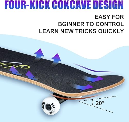 Miniatura 6 de Sefulim Monopatín completo de 31 x 8 pulgadas, 7 capas, arce canadiense, doble patada, cóncavo, crucero, patineta para niños, niñas, adolescentes,