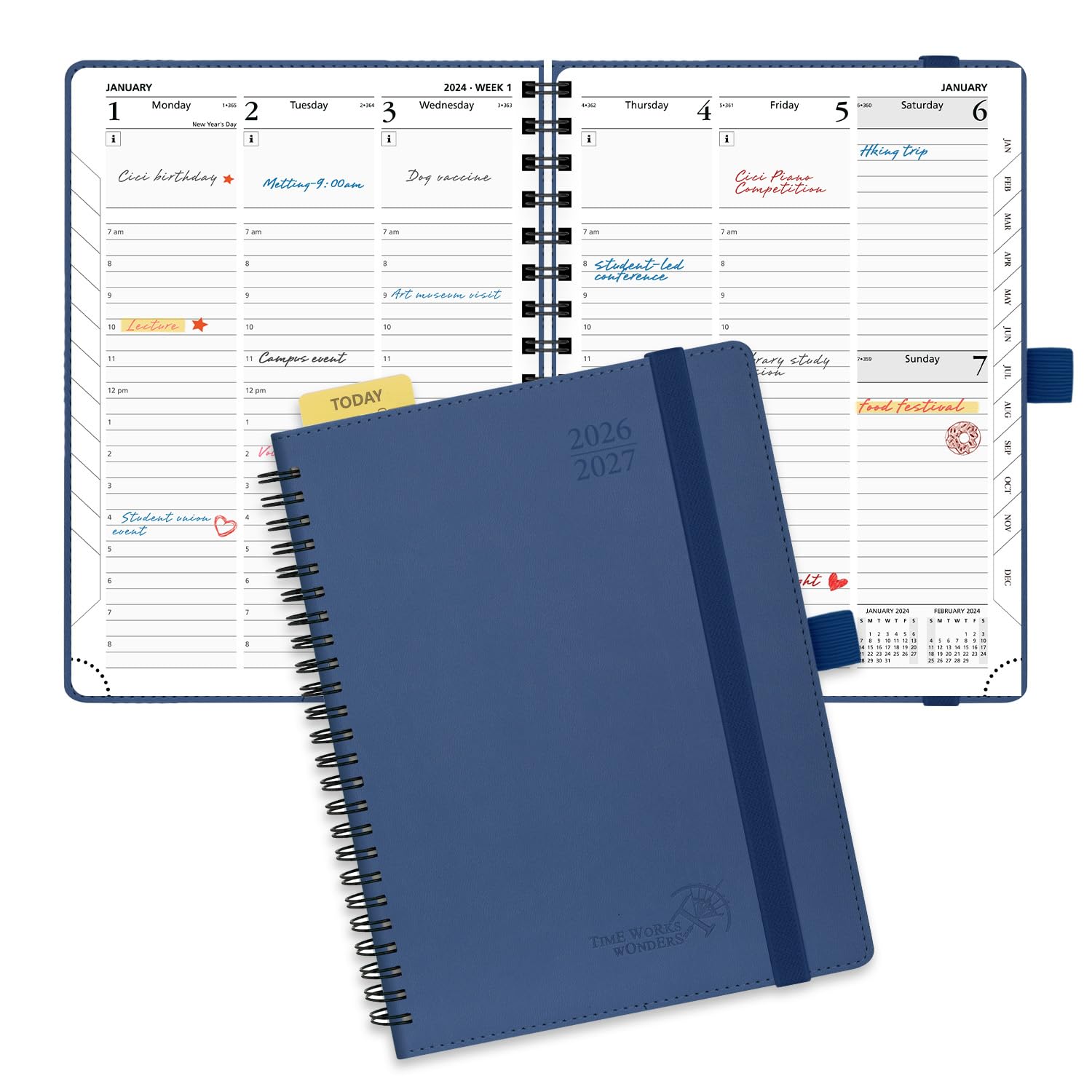 POPRUN Planner 2026-2027 (Medium - 6.5'' x 8.5'') Academic Weekly Calendar (July 2026 - June 2027) with Hourly Time Slots, Monthly Tabs, 100GSM Thick Papers, Spiral Leather Cover - Navy Blue