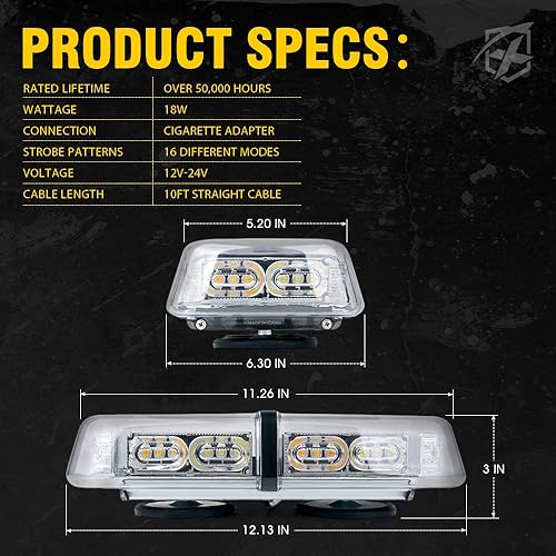 Miniatura 7 de Xprite 36 luces LED estroboscópicas de techo, mini bar, 16 modos intermitentes, luz de peligro de advertencia con base magnética para vehículos de