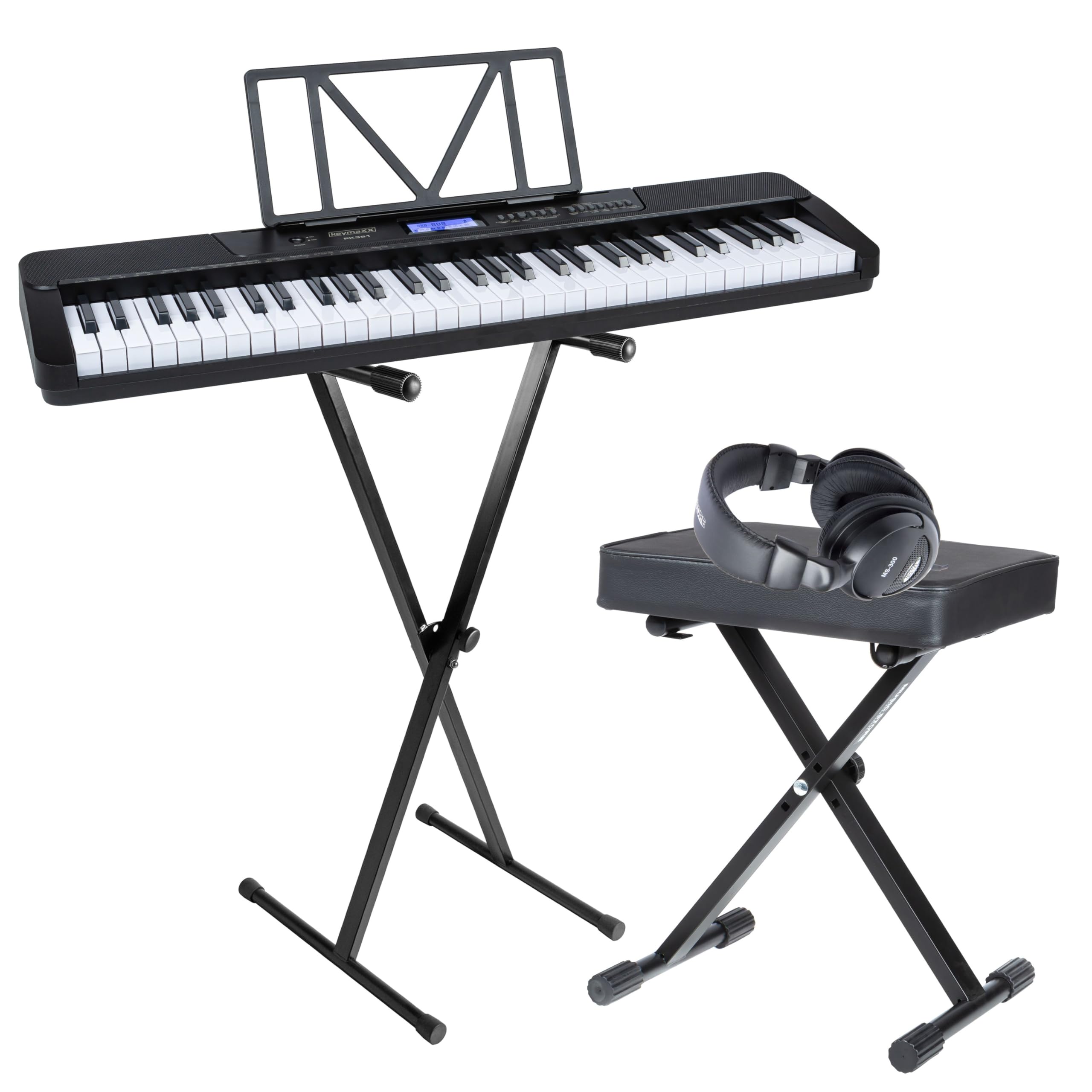 keymaoXX PK361, 61-Key Digital Keyboard Set, 430 Sounds, USB MIDI, Headphone Output, Includes Stand, Bench, Headphones, Lightweight, Portable, Built-in Speakers, MIDI Recording