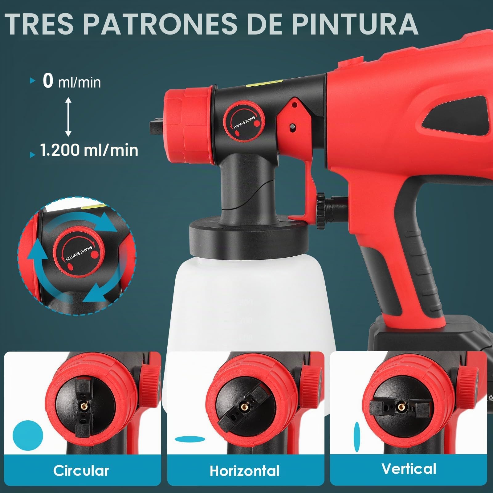 Sistema de pulverización de Pintura con 2 x 2600 mAh 21V Batería y Cargador, 850 W, 5 boquillas, 2 Recipiente de Pintura de 800 ml, 3 Patrones de pulverización, para Paredes, Techos, Vallas