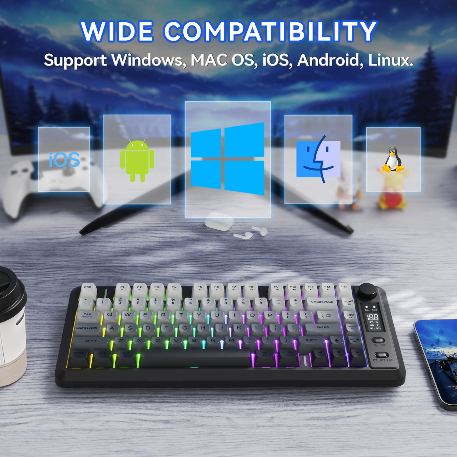 FREEWOLF M75 Tastiera wireless dual-mode, Bluetooth+2.4G, controllo tramite manopola e display, 82 tasti compatti PBT con gradiente, luce arcobaleno,QWERTY, anti-ghosting completo per Mac/Win-Nero