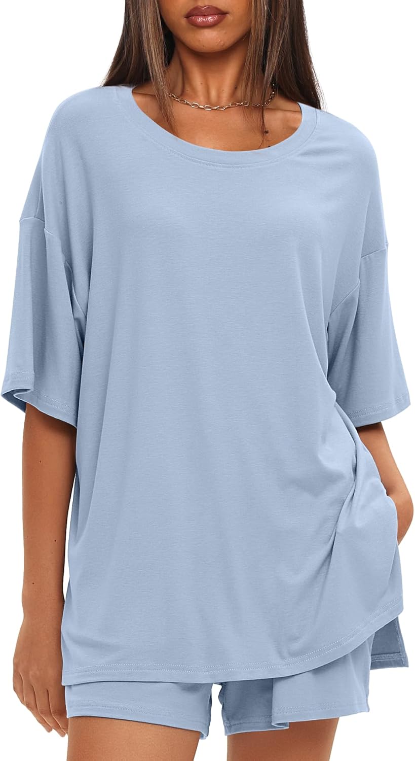 Darong Women's Two Piece Loungewear Set Summer Casual Boxy Shirts Drawstring Shorts Matching Airport Travel Outfit