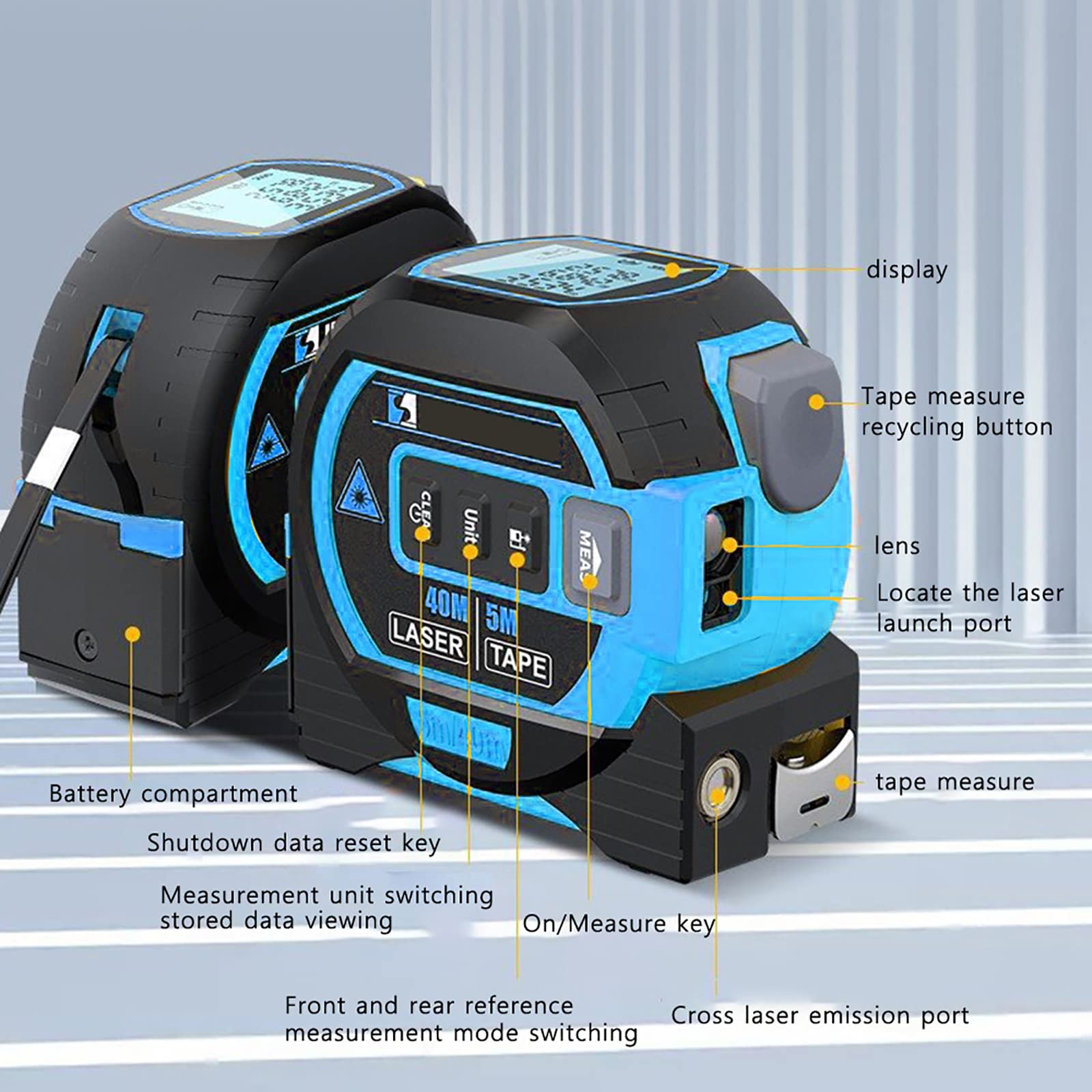 Distancemètre Numérique, 60 M/5 M Mètre Ruban Numérique Portable 2 en 1 avec Écran LCD Anti-Chute Et Ligne De Repère Croisé, Crochet Magnétique Et Interrupteur Anti-Erreur pour Mesurer