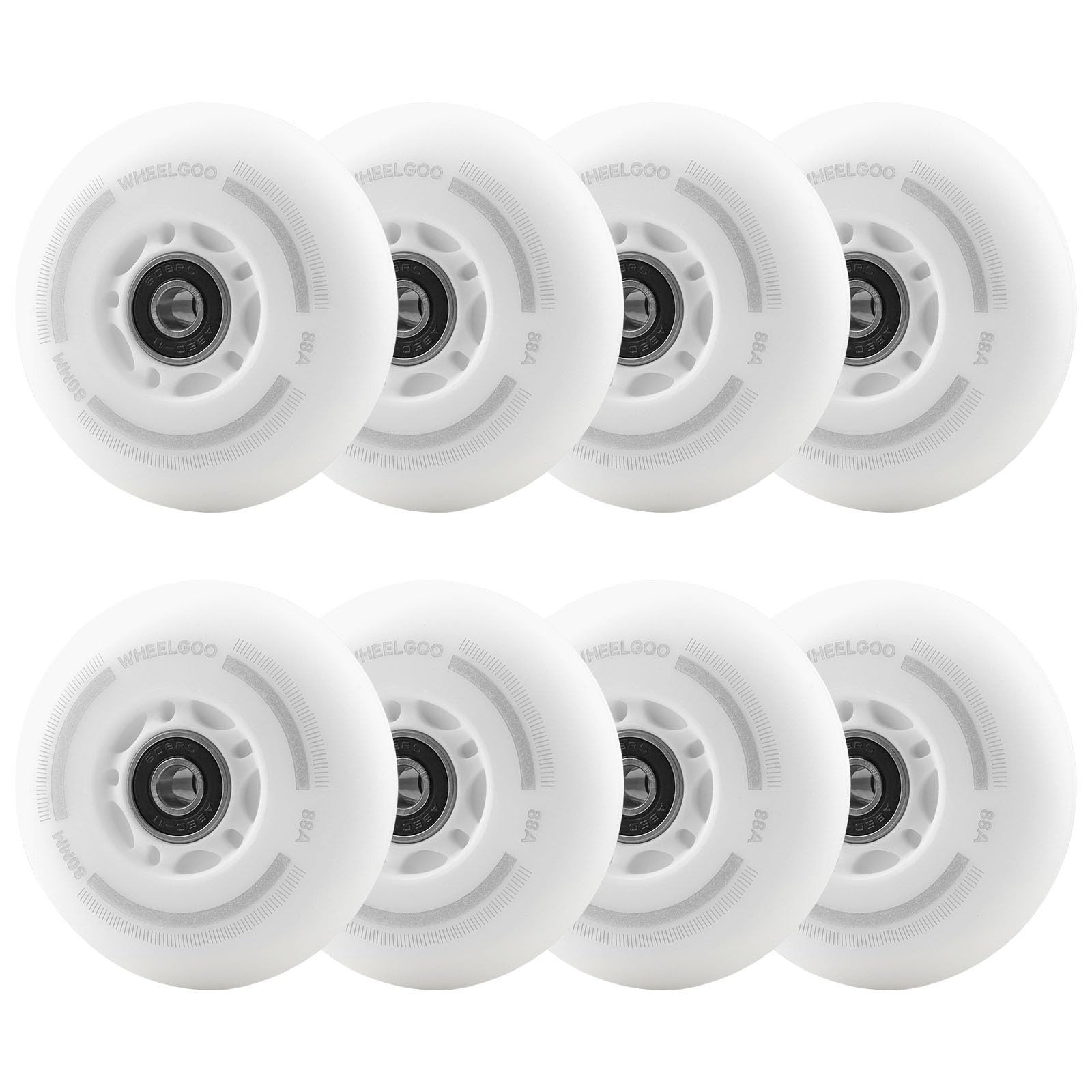 WHEELGOO 8-Pack LED Light Up Inline Skate Wheels for Kids & Teens, No Battery, PU Wheels with 608RS Bearings, Evening & Night Skating (White, 80mm)