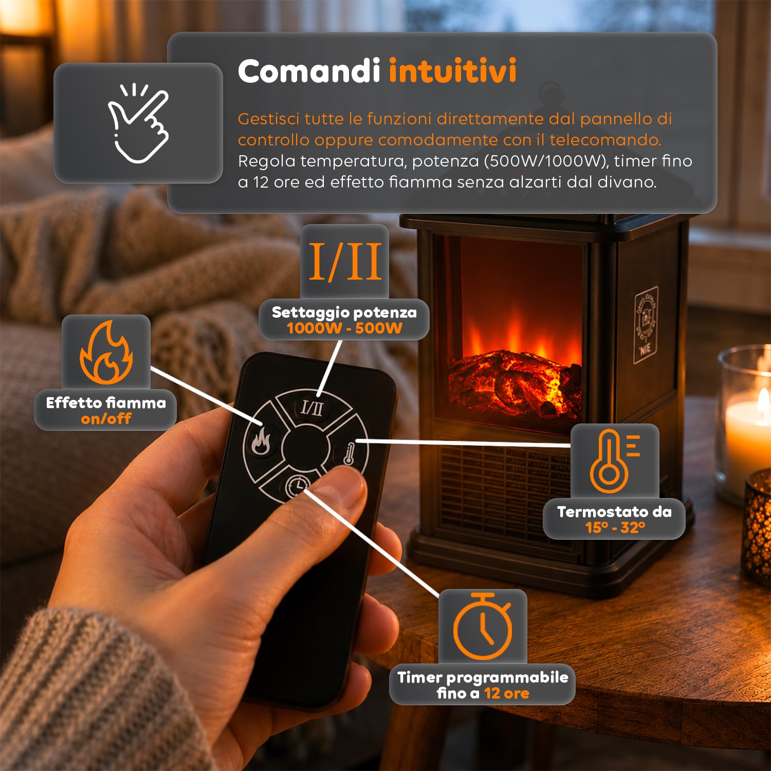 Avilia Caminetto Elettrico da Tavolo con Telecomando 1000W - Timer Programmabile Fino a 12 ore e Controllo da Remoto - Design Elegante e Versatile Grazie alle sue Dimensioni 32x18,5x18,5cm