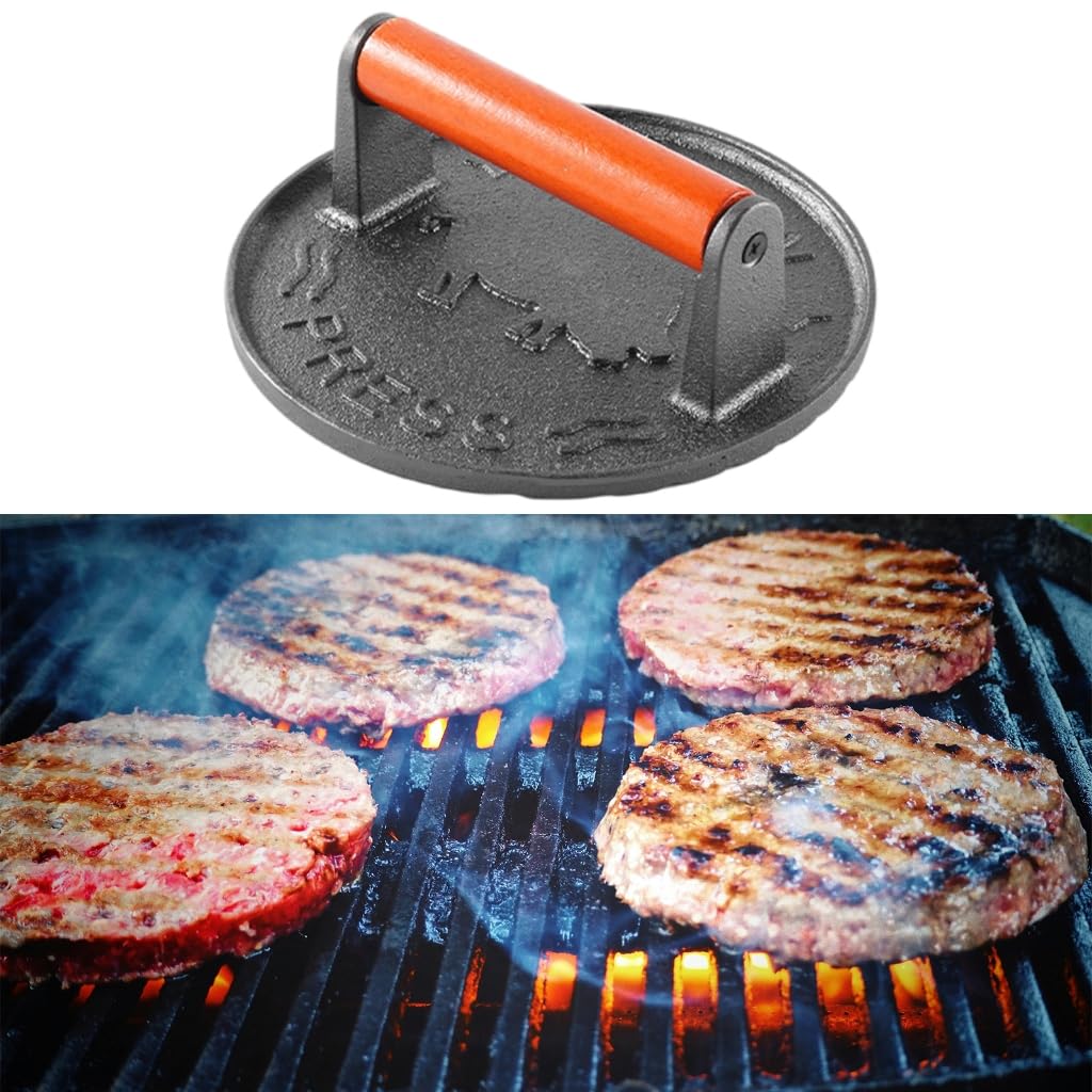 Burger-Maker aus Gusseisen mit bequemem Holzgriff, professionelle, robuste Hamburgerpresse, Patty-Kochzubehör