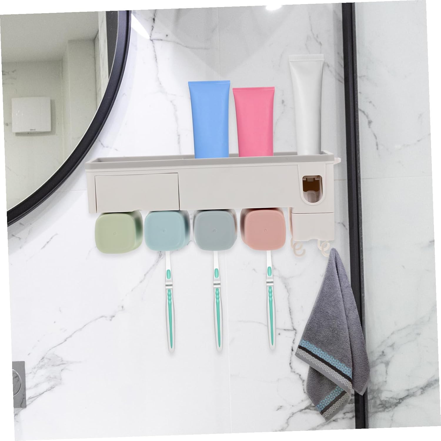 Garneck Automatic Toothpaste Squeezer Toothbrush Organizer Wall-Mounted Holder with Slots and Razor Storage Non-Punching Bathroom Rack Space-Saving Easy to Clean for Family Use