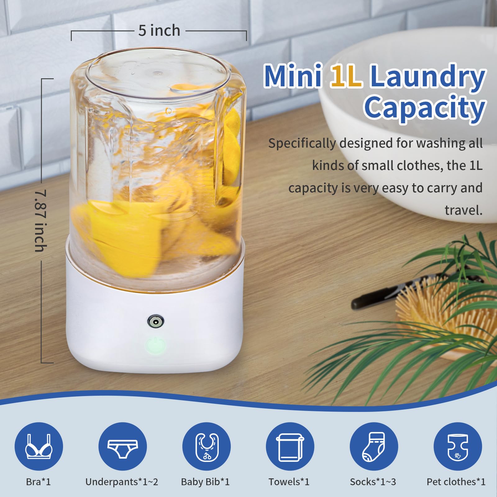 Mini lavadora portátil – Lavadora pequeña recargable por USB con 2 modos de limpieza profunda para ropa interior, calcetines y ropa de bebé, lavandería compacta de viaje para apartamento