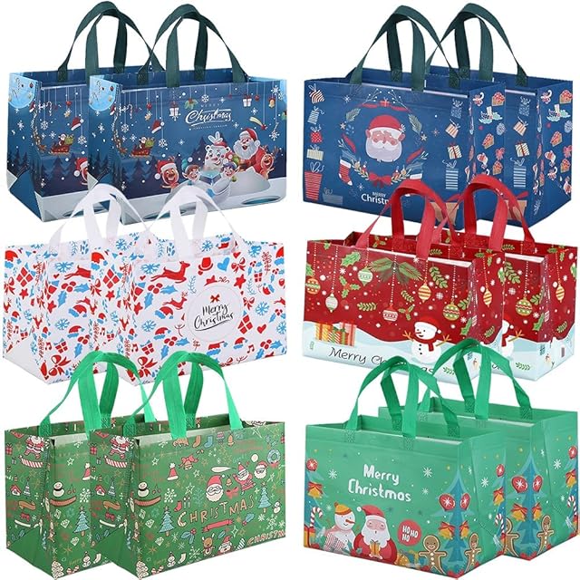 DOJoykey 12pcs Large Christmas Tote Bags with Handle, Reusable Christmas Gift Bags Shopping Bag Wrapping Bag Xmas Holiday Party Decoration