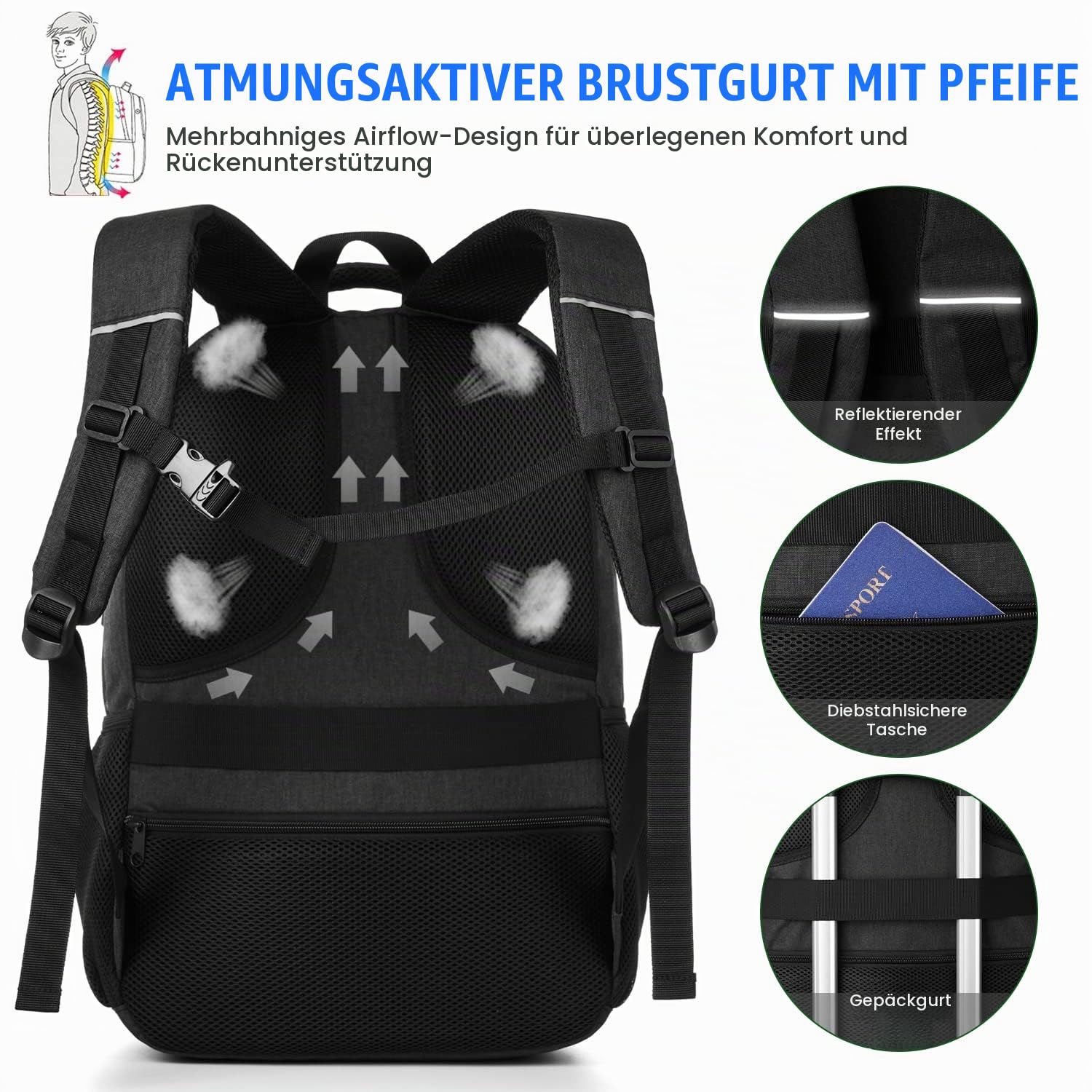 YAMTION Schwarz Rucksack Herren und Damen,Unisex Schulrucksack Teenager für Jungen Mädchen Laptop Rucksack Schultasche mit USB für Uni Schule Arbeit Büro