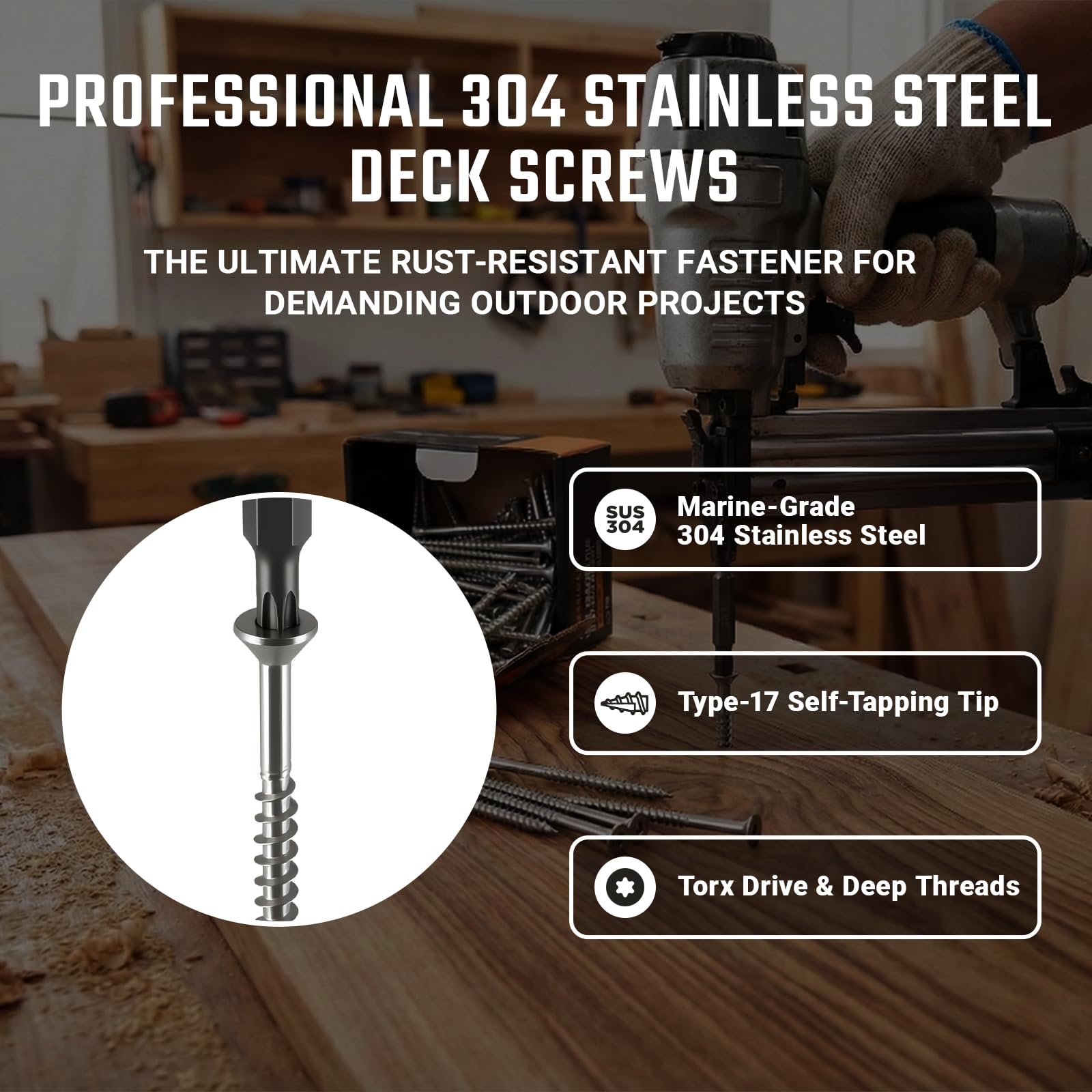 Tornillos de acero inoxidable 304 #10 × 3 1/2 pulgadas, tornillos de madera, cabeza plana T25 Star Drive, punta de taladro tipo 17 con una broca de estrella T25 gratis para todas las