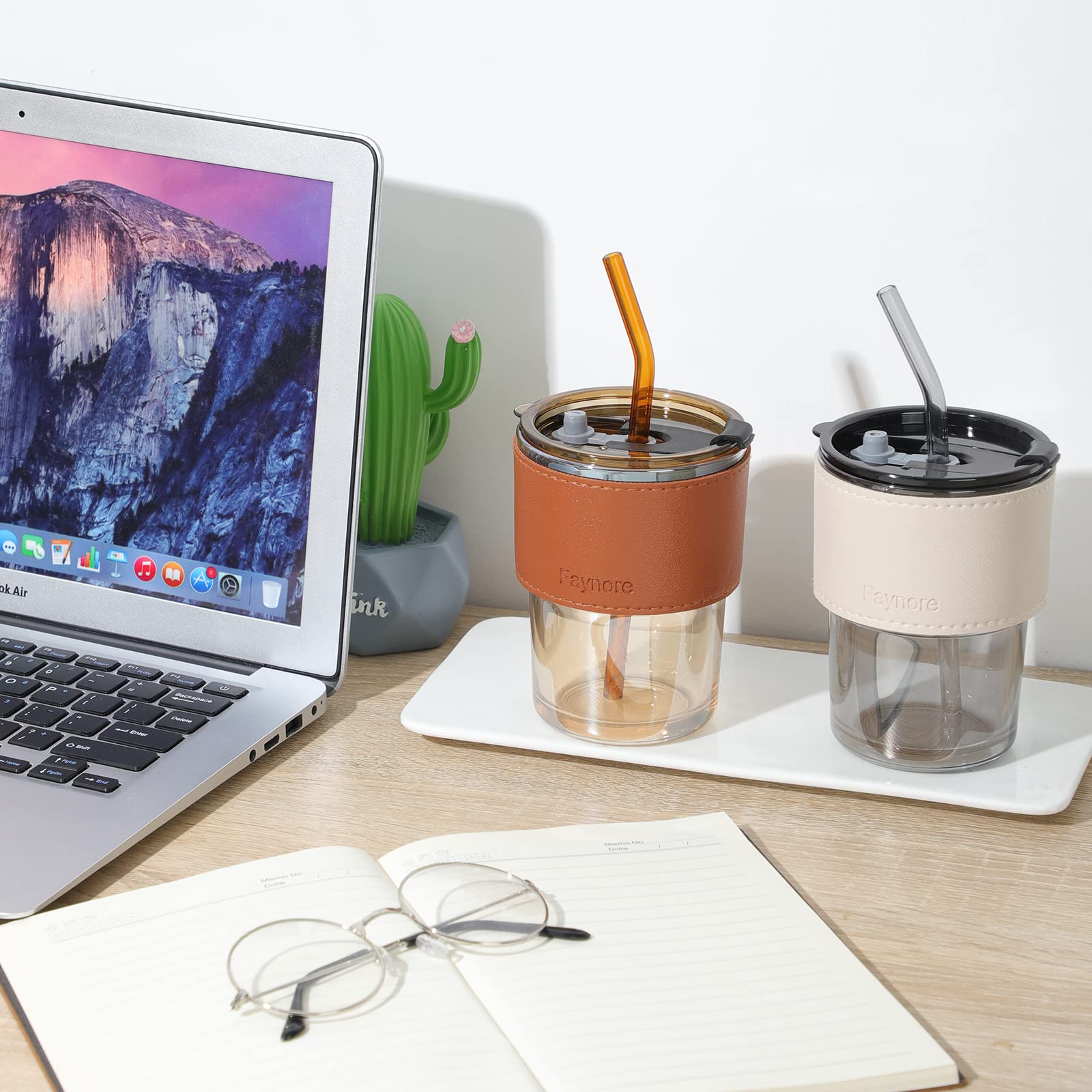 Faynore 14 oz Glass Tumbler with Straw and Lid, Reusable Glass Coffee Tumbler, Beer Glasses, Drinking Glasses, Leather Protective Sleeve Glass Straw Plastic Lid (Amber)