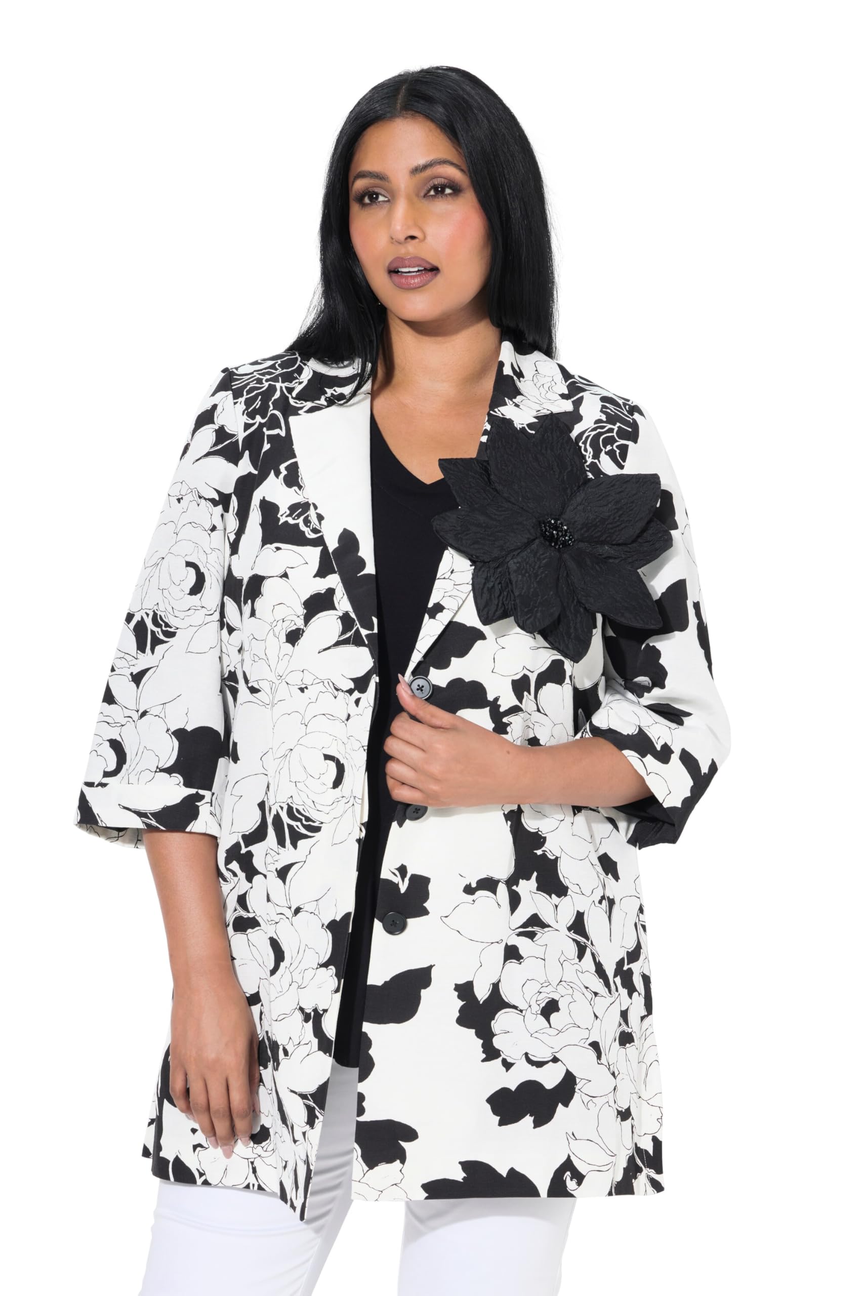 Ulla Popken Damen große Größen Übergrößen Plus Size Jacke, Rippstruktur, Reverskragen, Blüte abnehmbar 838741